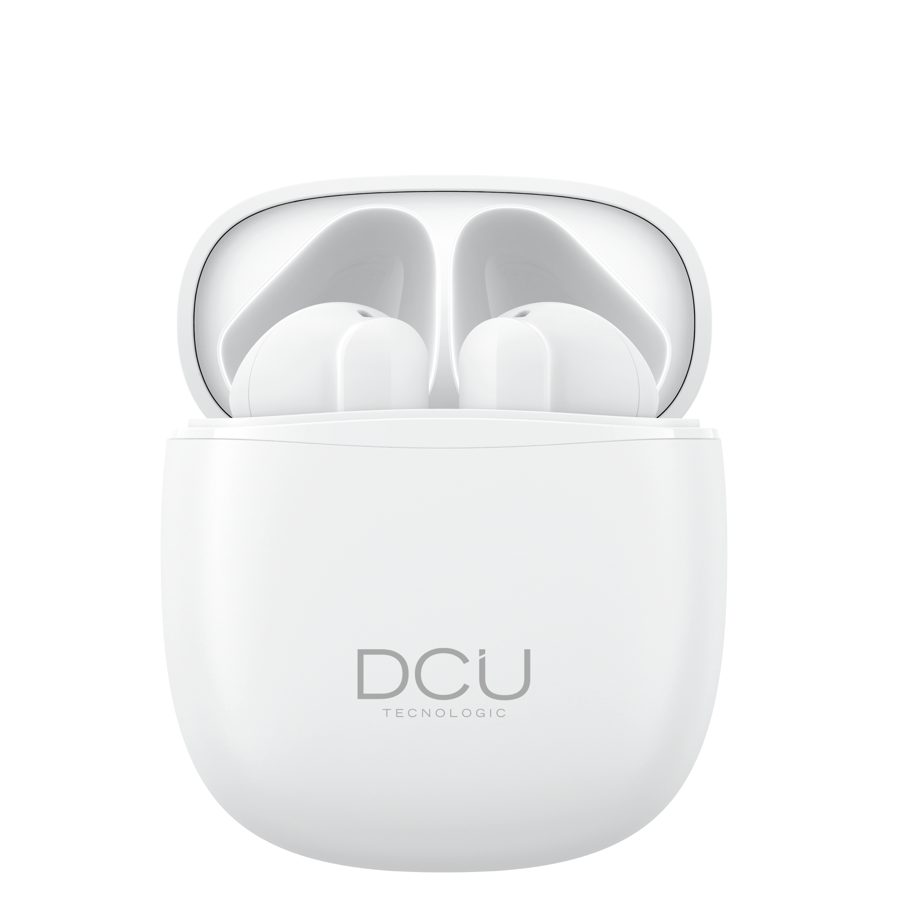 Auricolari bianchi nella custodia di ricarica. Custodia con logo DCU Tecnologic. Bianco.