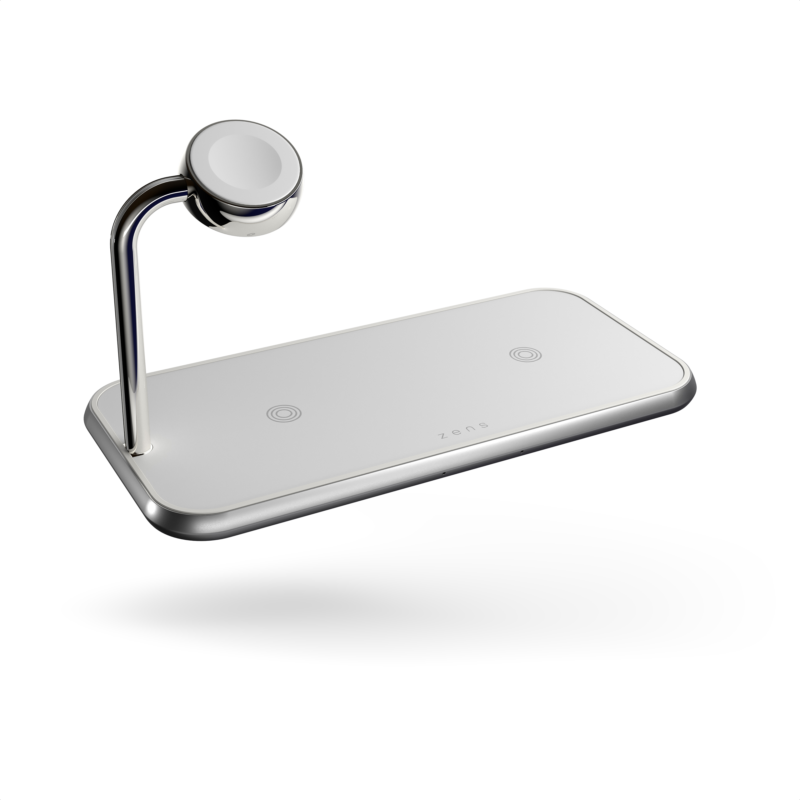 Eine kabellose Ladestation für Telefon und Smartwatch auf weißer Oberfläche.