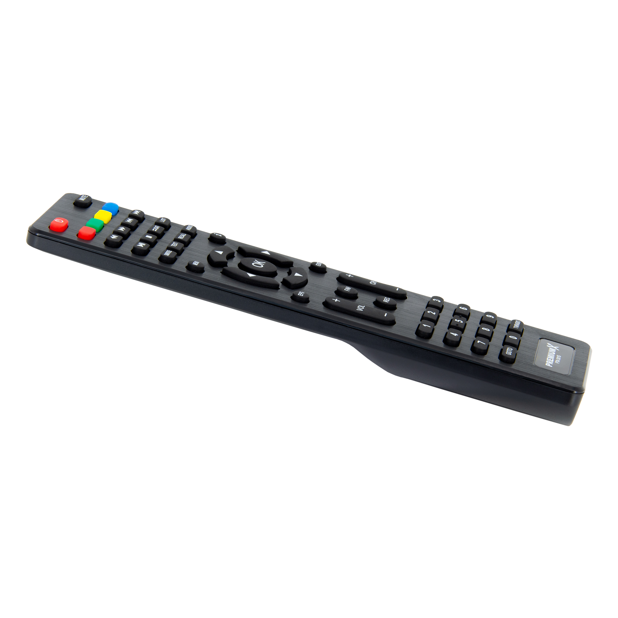 Schwarze TV-Fernbedienung mit vielen Tasten. Farbige und nummerierte Tasten.