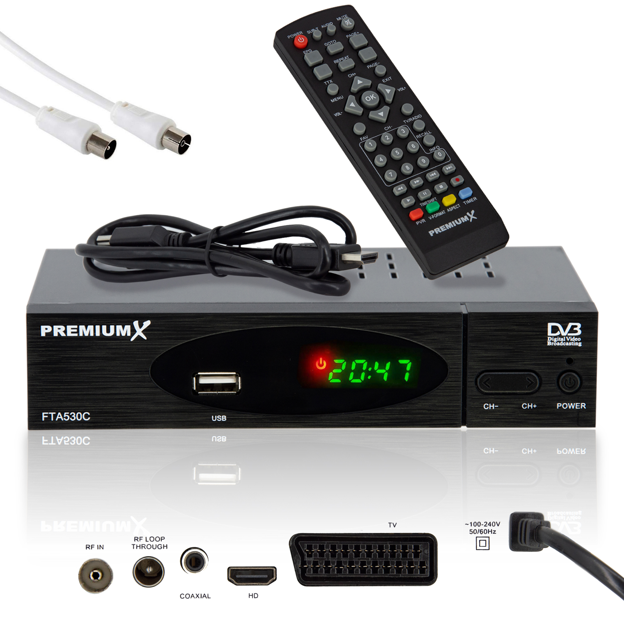 PREMIUMX FTA 530C DVB-C Receiver Kabel HDMI Kabel SCART Antennenkabel Receiver USB (Schwarz) HD