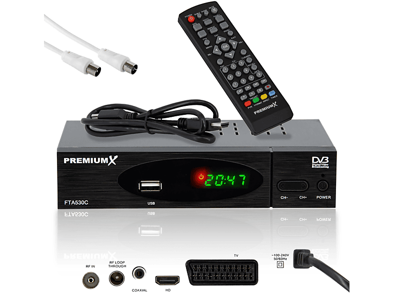 PREMIUMX FTA 530C DVB-C Kabel Receiver HDMI USB (Schwarz) SCART Receiver Kabel Antennenkabel HD