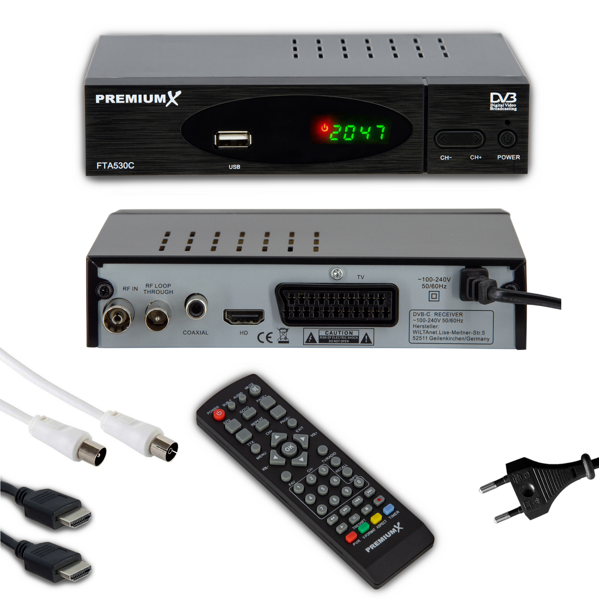 PREMIUMX FTA 530C DVB-C Kabel Receiver HDMI USB (Schwarz) SCART Receiver Kabel Antennenkabel HD