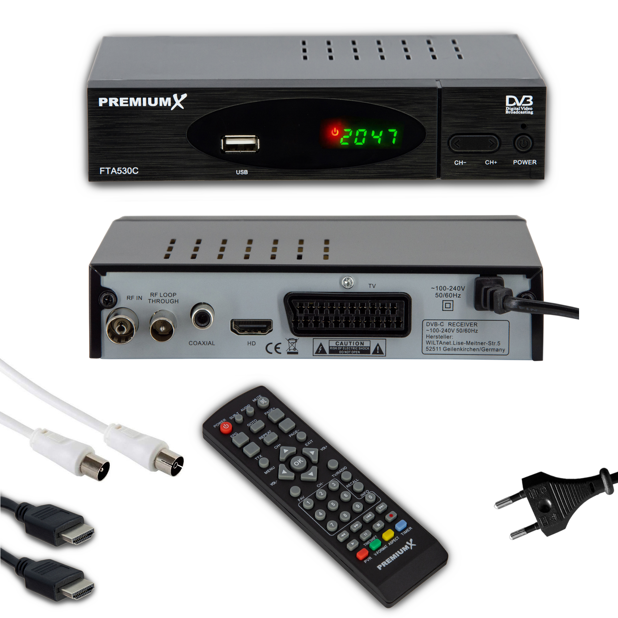 Ein schwarzer Digitalempfänger mit Fernbedienung, Kabeln und Netzteil. Das Gerät hat USB-Anschlüsse.