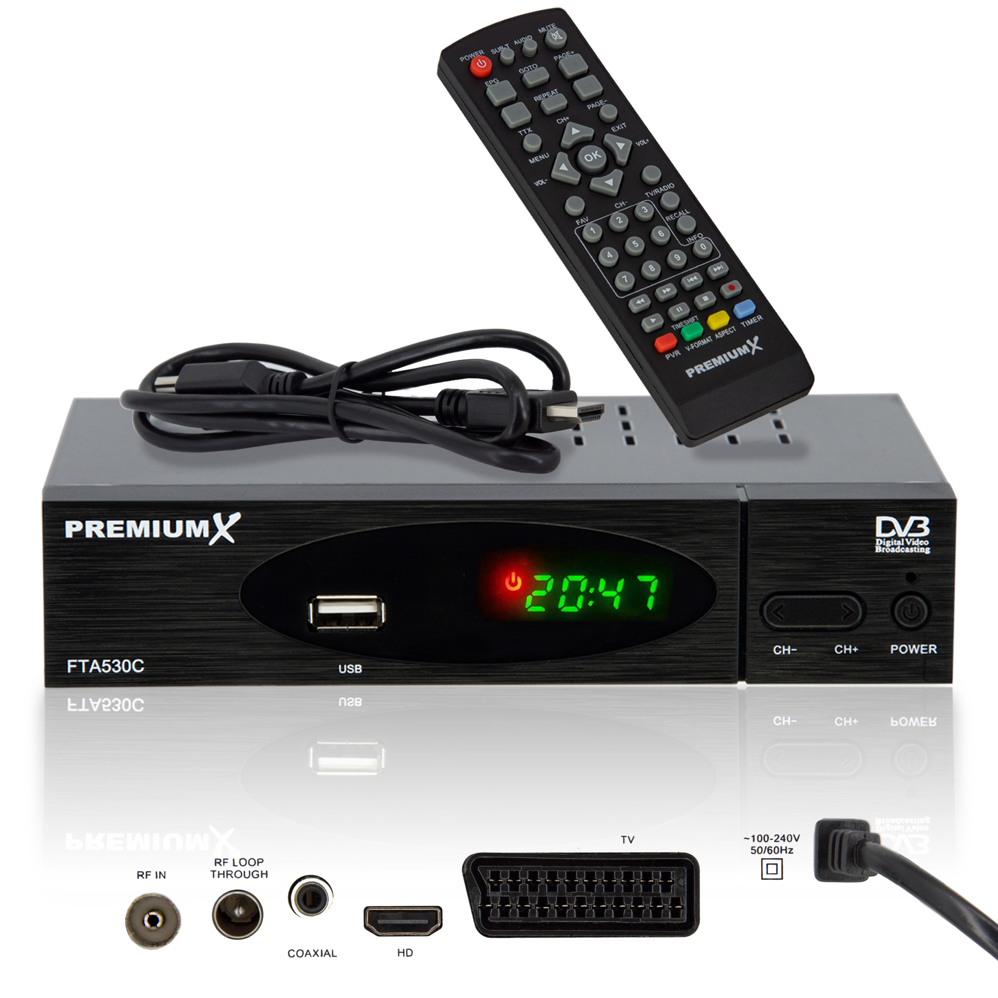 PREMIUMX FTA 530C Kabel Receiver FullHD SCART Digital USB DVB-C Receiver HDMI HD Kabel (Schwarz)
