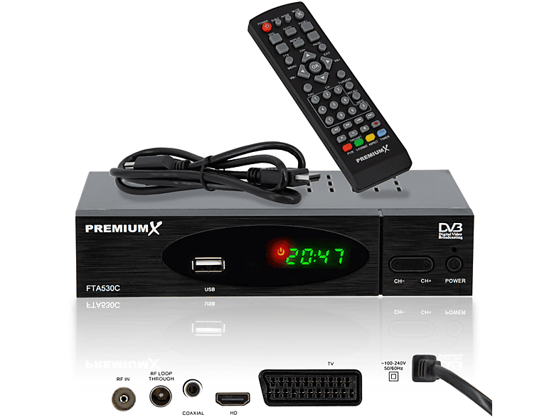 PREMIUMX FTA USB HD FullHD Digital DVB-C HDMI 530C Receiver Kabel Kabel Receiver SCART (Schwarz)