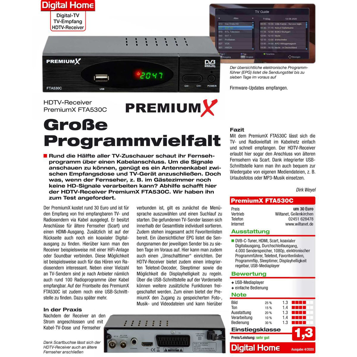 Eine gedruckte Seite mit Text und Bildern eines digitalen TV-Receivers, Informationen. Eine TV-Programmübersicht wird gezeigt.