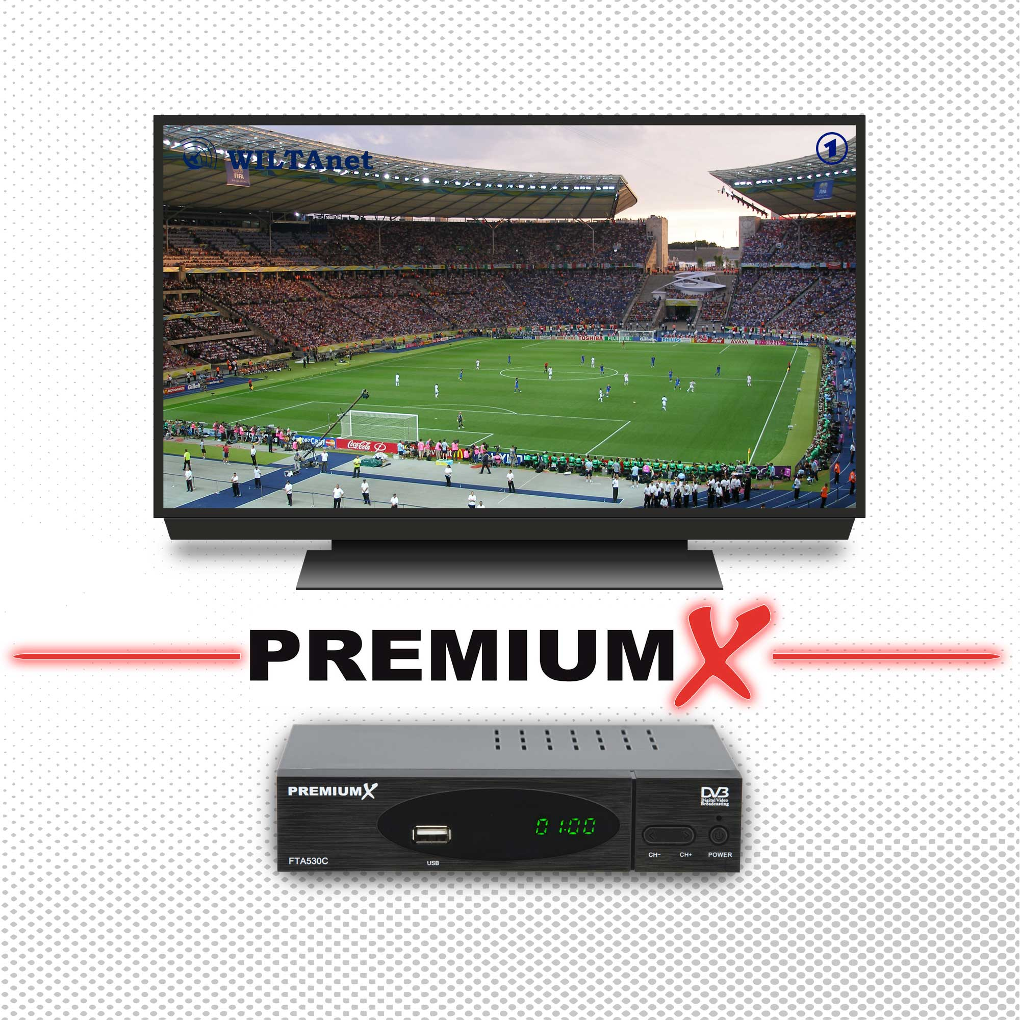 TV-Bildschirm zeigt ein Fußballspiel mit Receiver und dem Wort "PremiumX".
