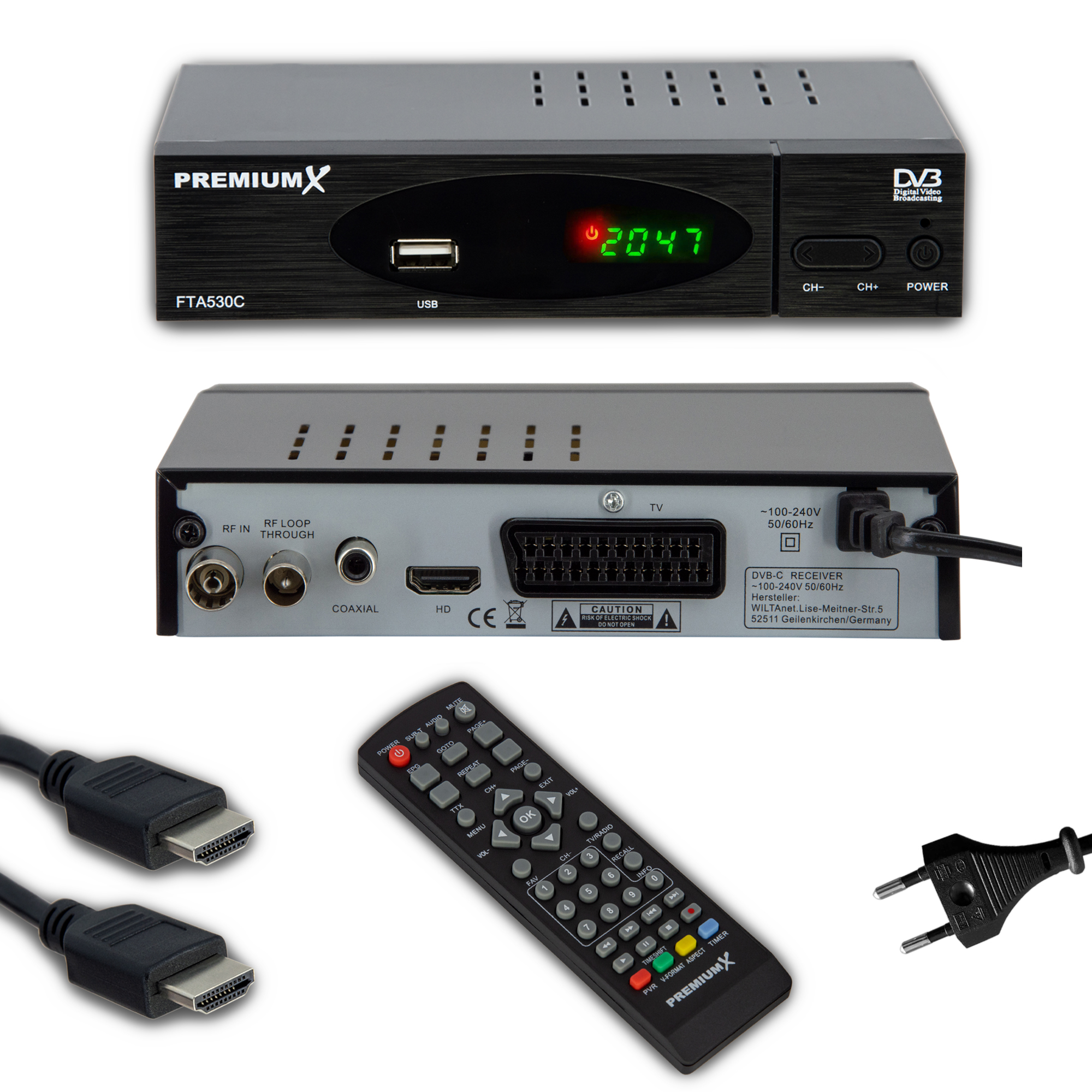Receiver SCART HDMI FTA DVB-C 530C Kabel Kabel Receiver PREMIUMX Digital USB FullHD HD (Schwarz)