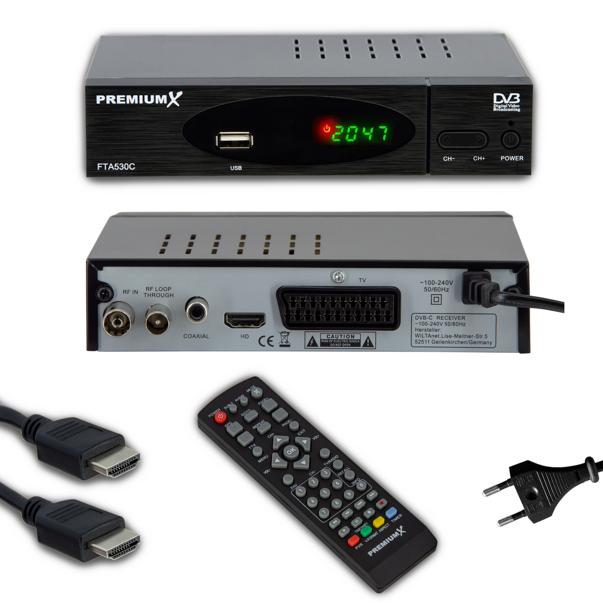 Schwarzer digitaler Receiver mit Kabeln, Fernbedienung und Anschlüssen. Ansichten von oben und hinten.