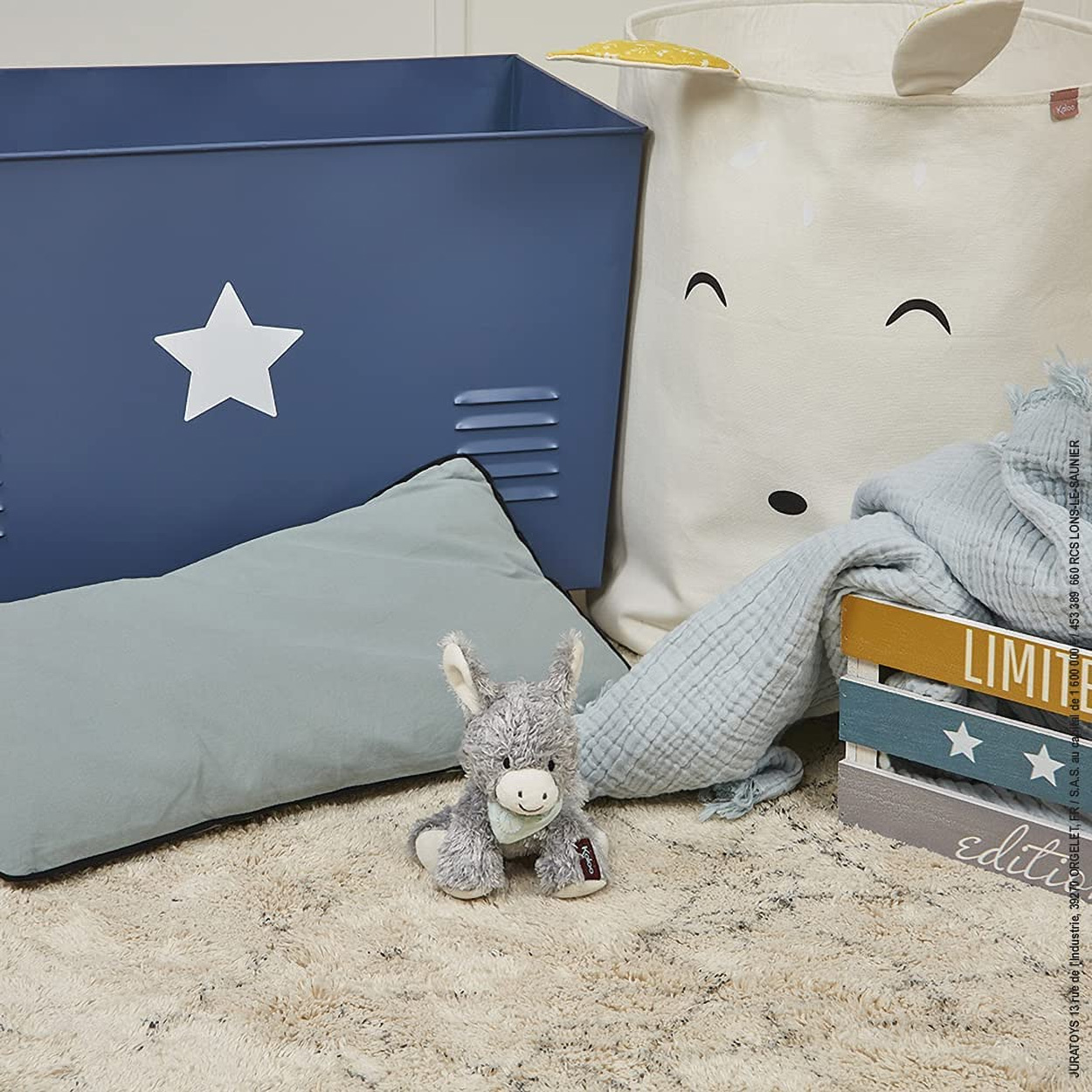 Przytulny pokój z niebieskim pojemnikiem do przechowywania, białą gwiazdą, pluszowym osłem, poduszką i kocem na dywanie.