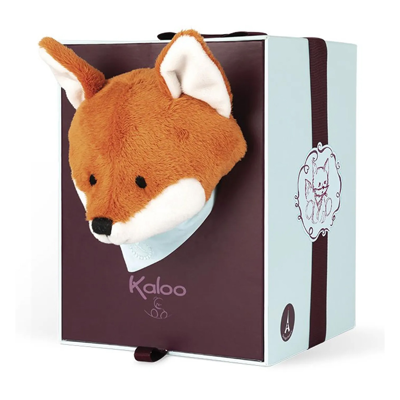 Une tête de renard en peluche émergeant d'une boîte décorée avec un extérieur bleu clair et un intérieur bordeaux.