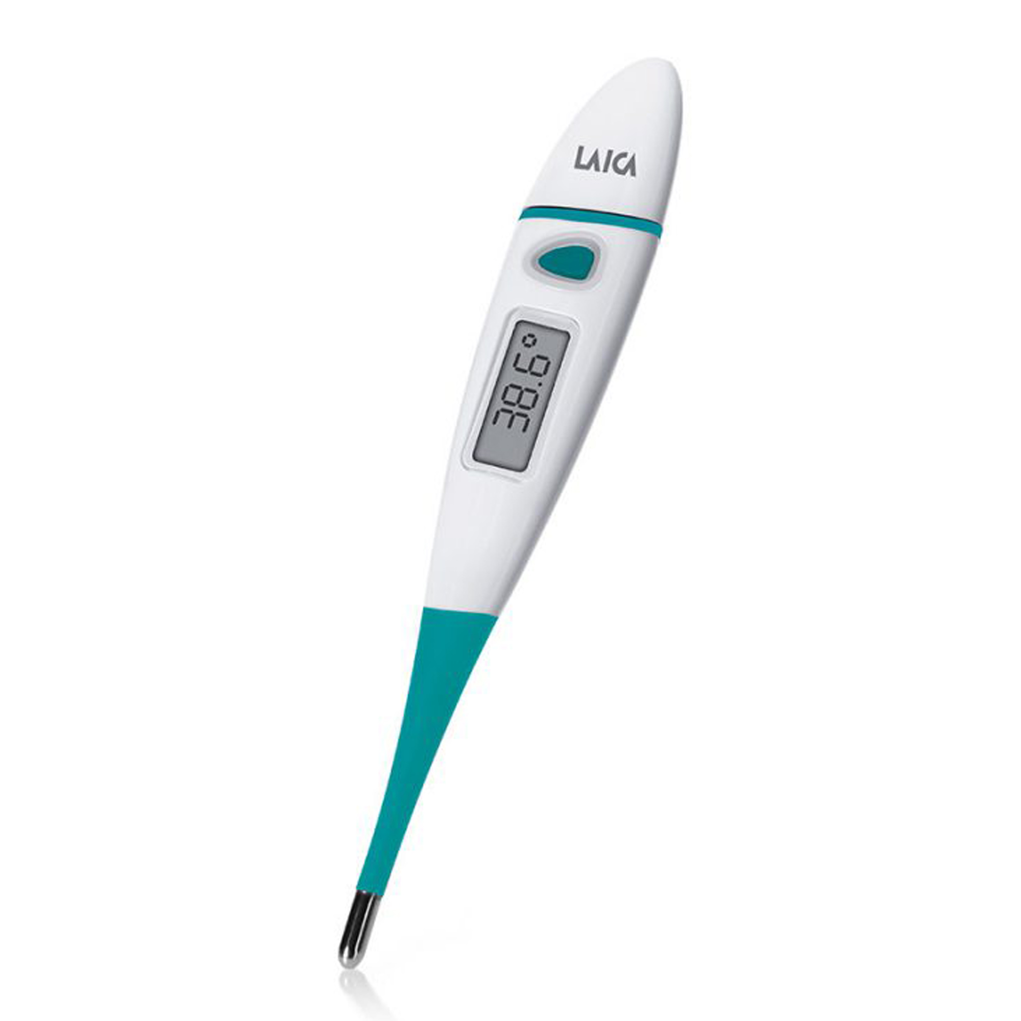 Termómetro digital con una temperatura de 38,6 grados. Colores blanco y verde.