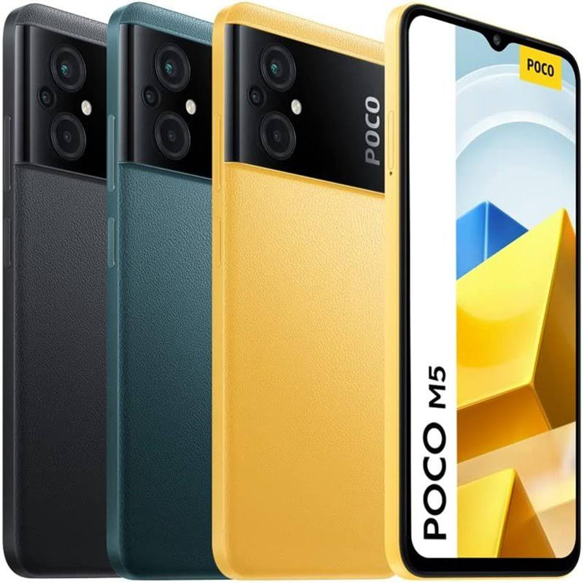 Tre smartphone Poco M5 in nero, verde acqua e giallo. Il telefono giallo è a destra.