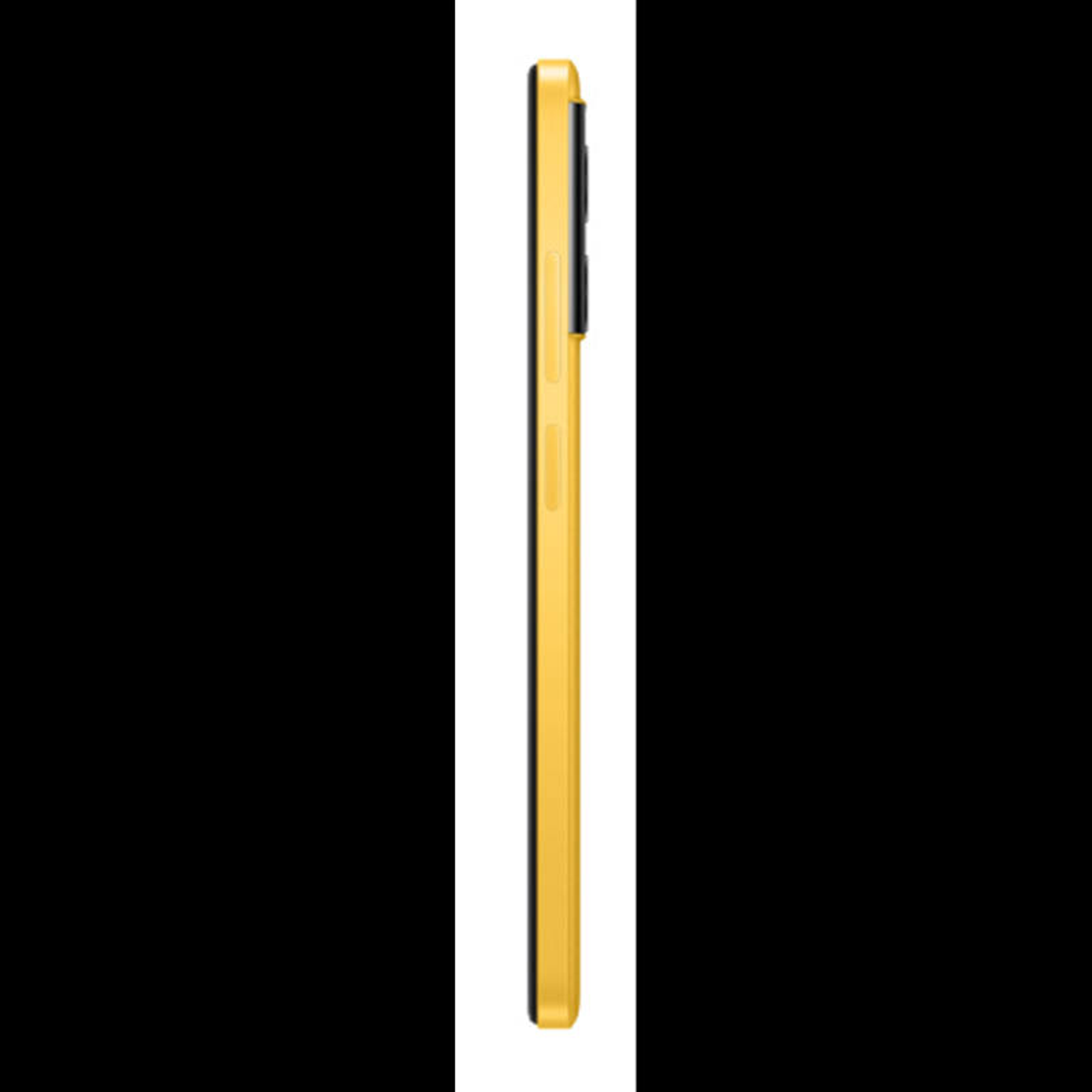 Uno smartphone giallo di profilo. Il telefono è alto e stretto. Il lato mostra pulsanti e un modulo fotocamera.