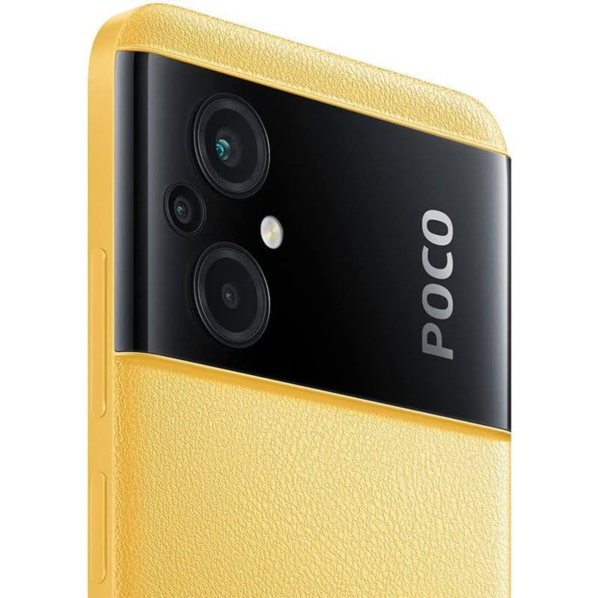 Primo piano di un telefono giallo con tre lenti e il logo POCO.