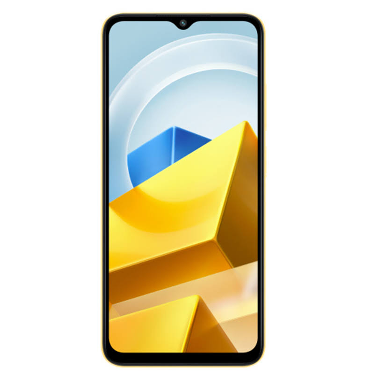 Uno smartphone giallo con uno schermo nero che mostra una grafica astratta colorata.