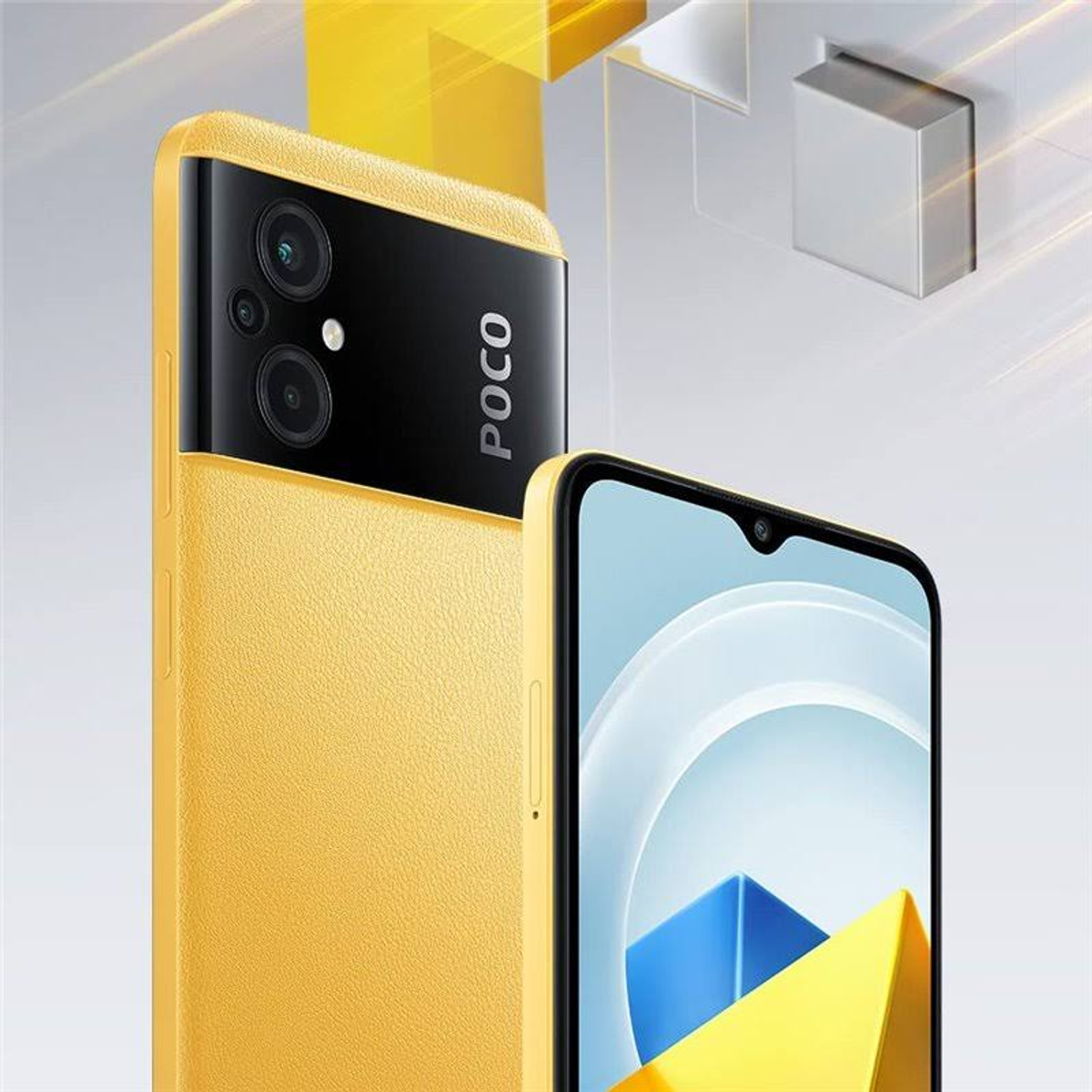 Smartphone giallo con fotocamera e logo POCO sul retro.