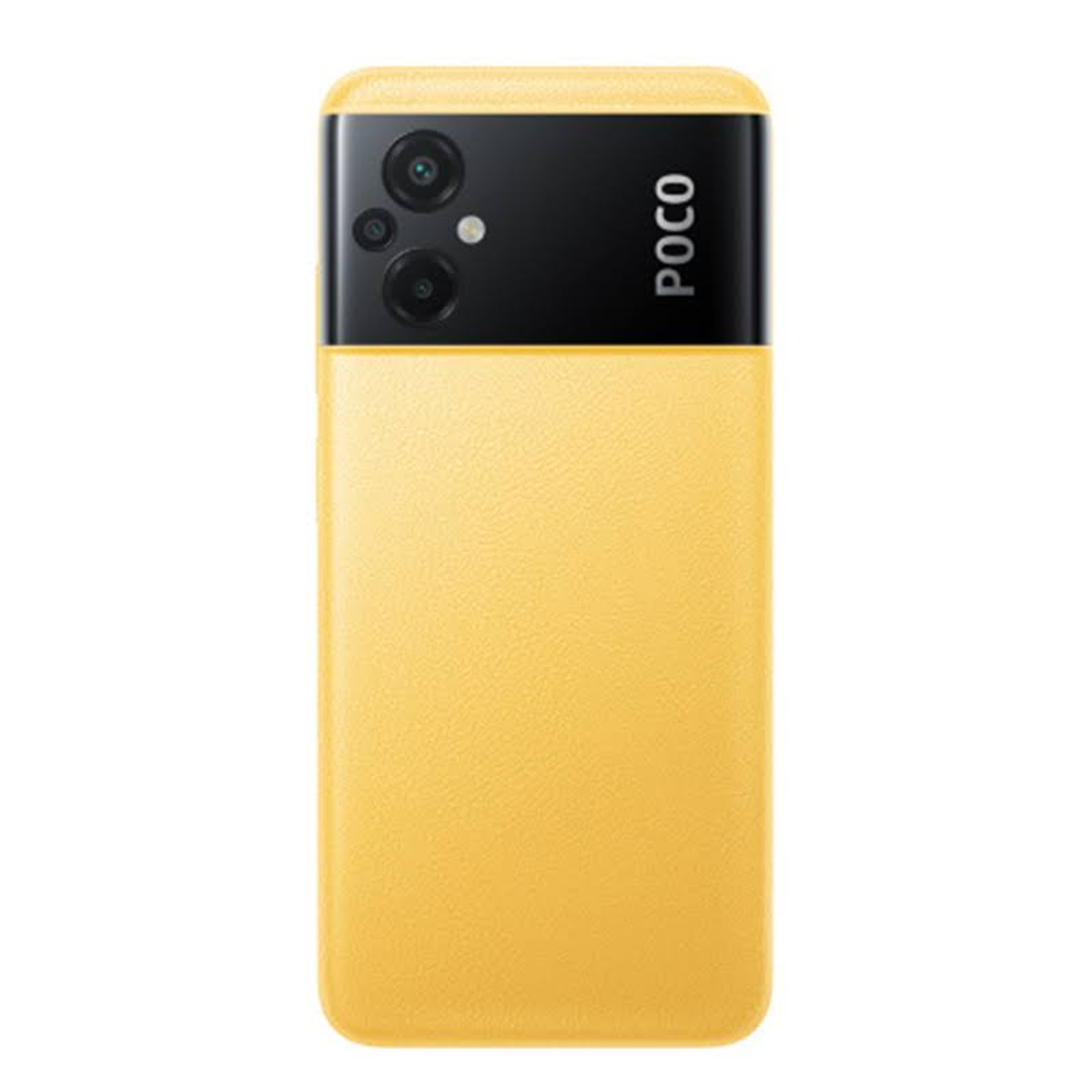 Un telefono POCO giallo con una sezione fotocamera nera, visto da dietro.