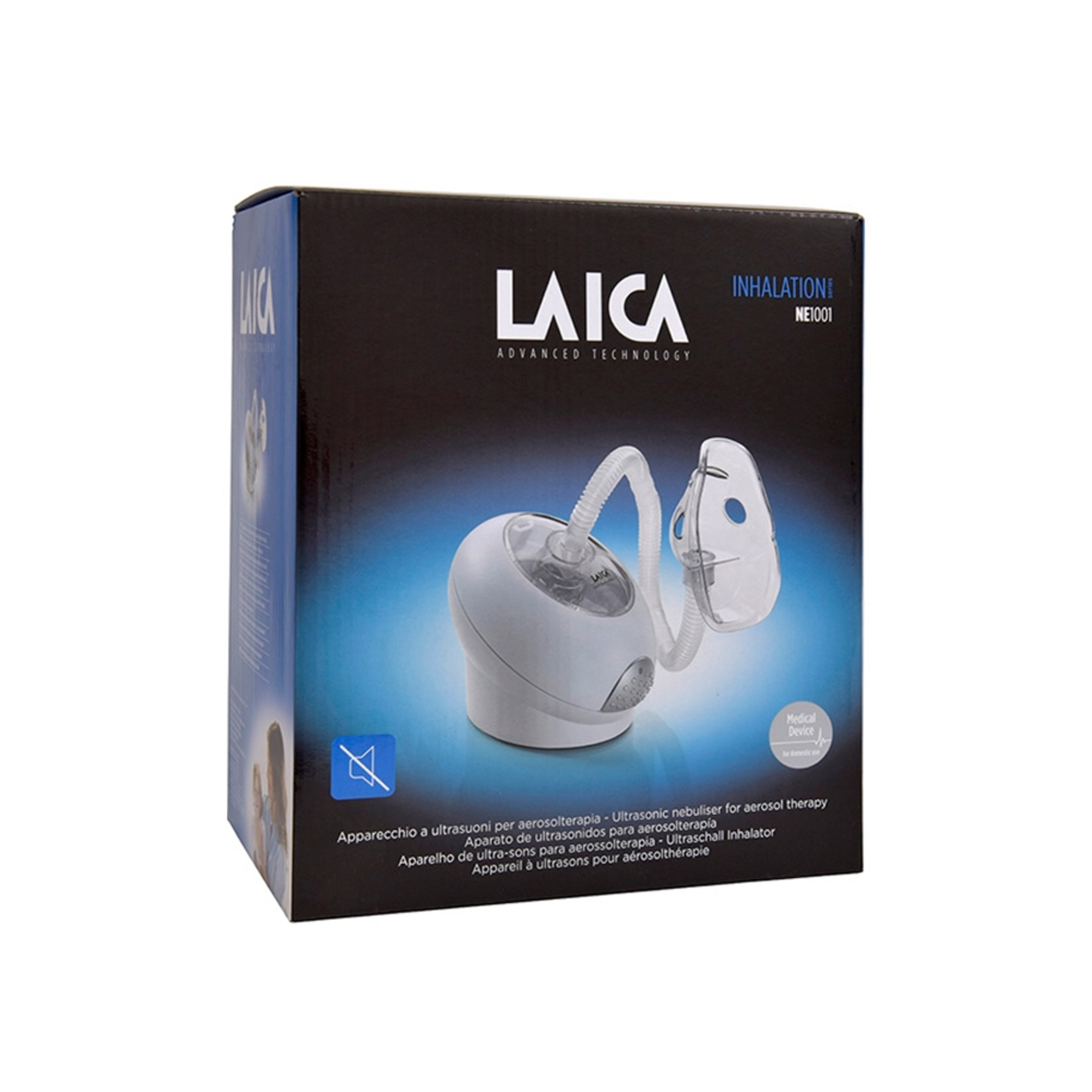 Caja con un nebulizador dentro, colores blanco y azul. Etiqueta 'Laica' e 'Inhalación'.
