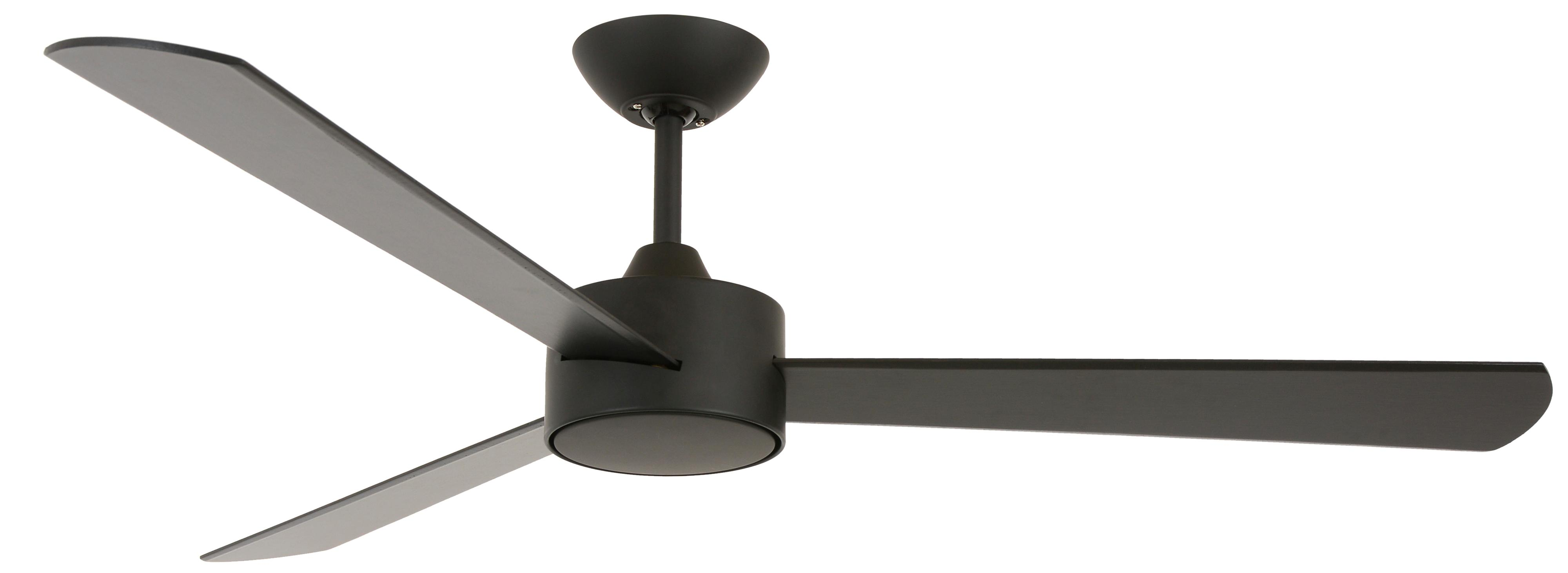 Ventilatore da soffitto nero a tre pale, isolato su sfondo bianco.