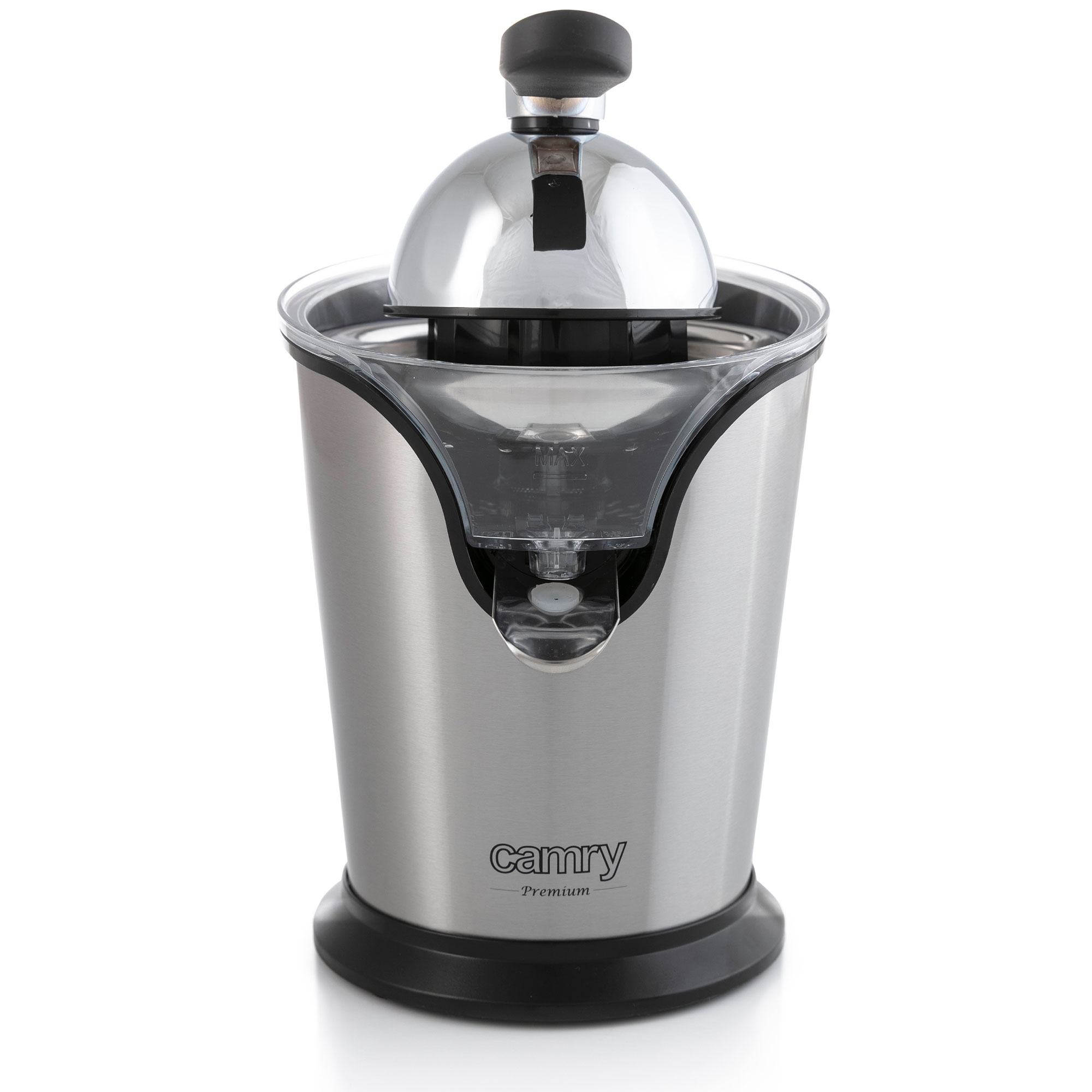 Wyciśkarka ze stali nierdzewnej z chromowaną górą i czarną podstawą, z marką Camry z przodu.