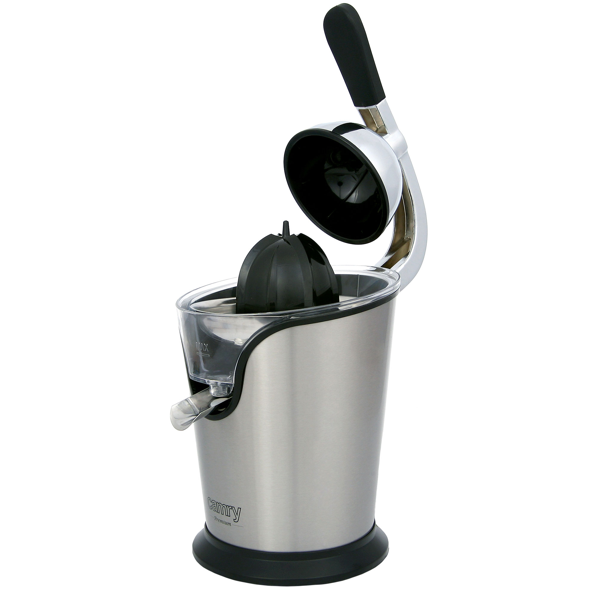 Wyiskacz do cytrusów ze stali nierdzewnej z czarnymi elementami, otwarty i gotowy do użycia.