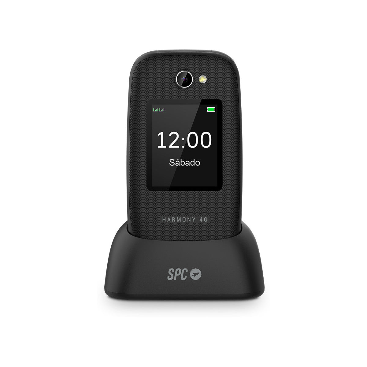 Teléfono plegable negro en un soporte de carga, mostrando la hora y 'Sábado' en la pantalla.