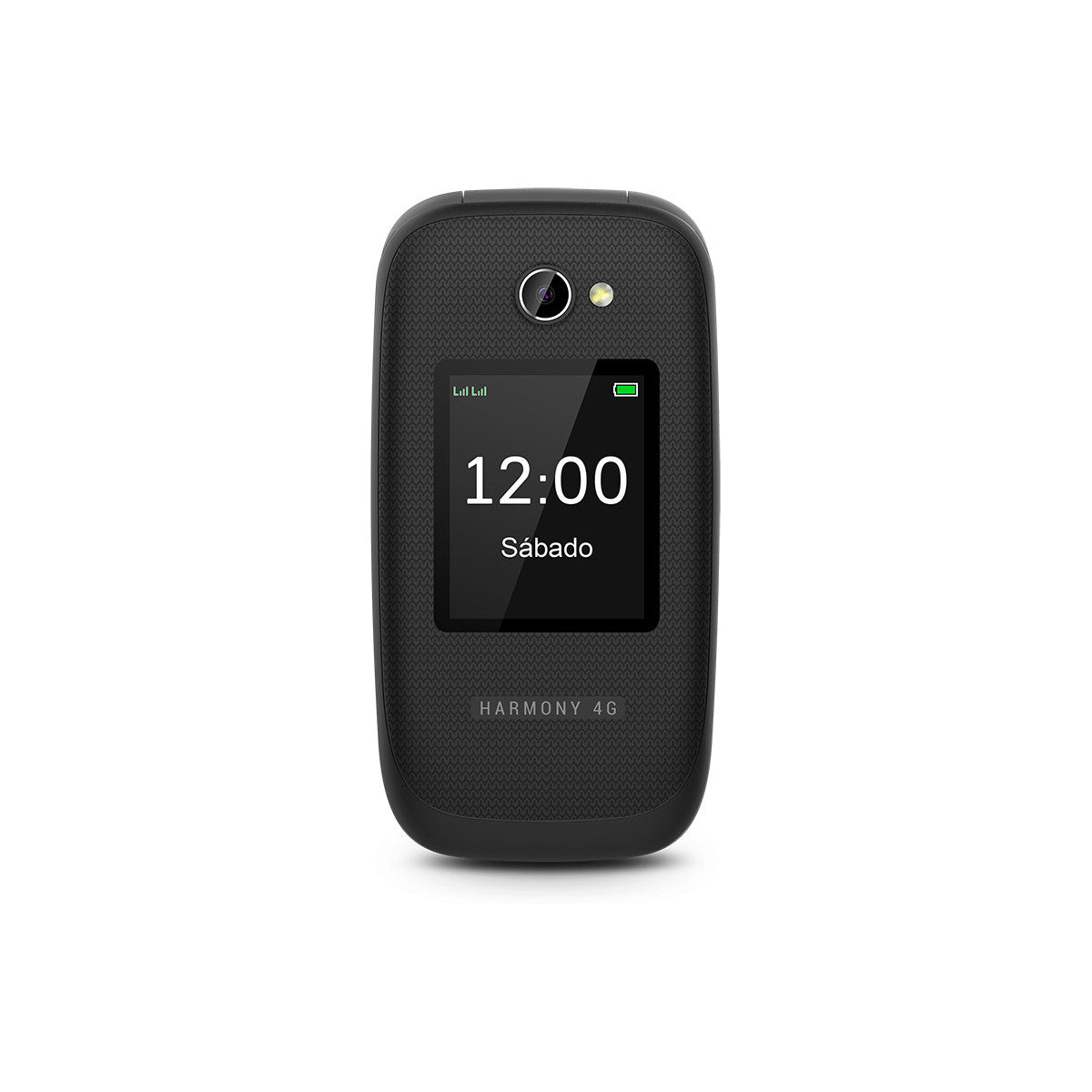 Teléfono plegable negro abierto, mostrando la hora, 'Sabado' e indicadores de señal/batería. La pantalla es negra.