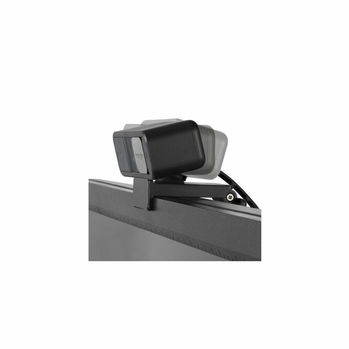 Kamera internetowa zamontowana na monitorze, skierowana w dół, czarno-szary design.