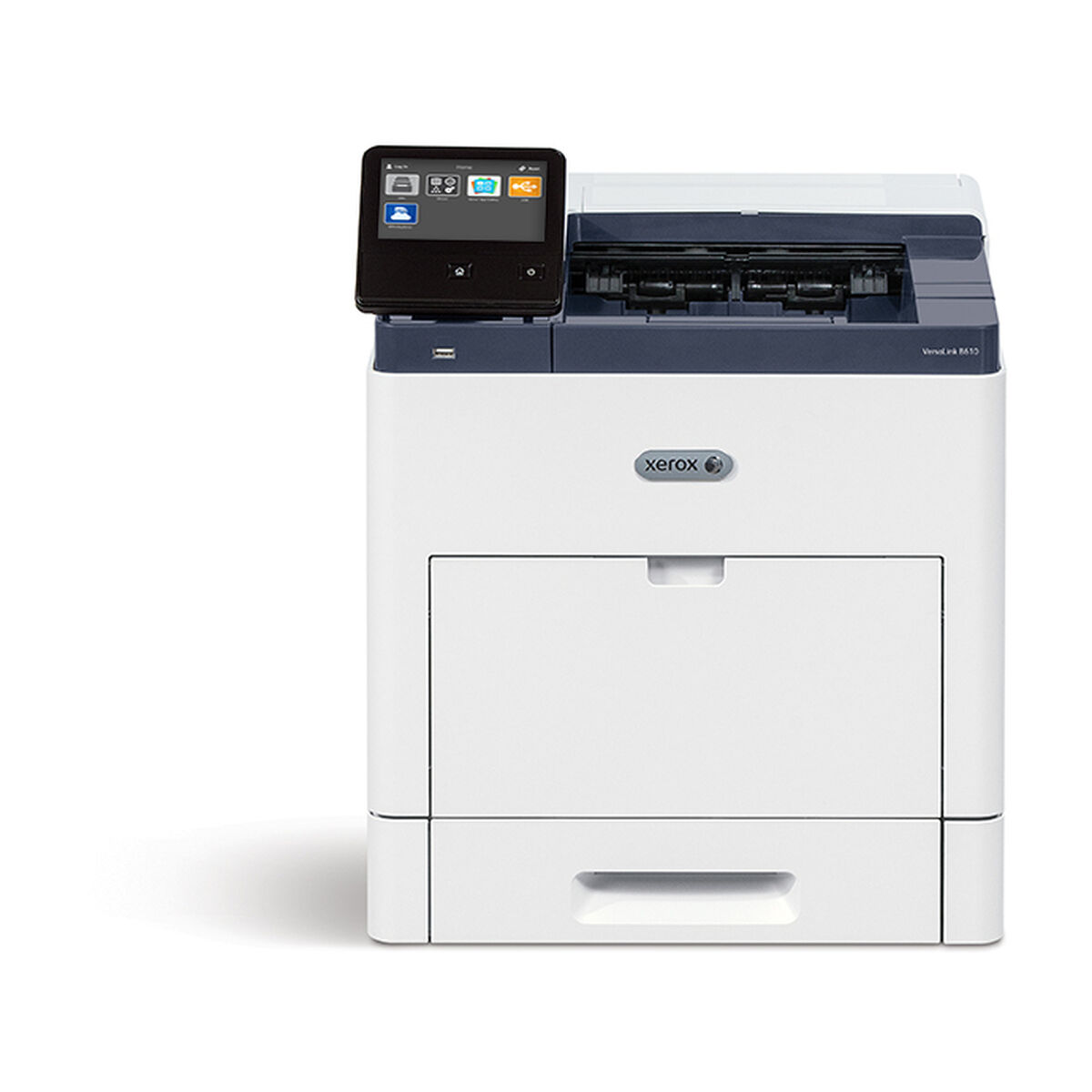 Una impresora Xerox VersaLink 8415 blanca con una pantalla táctil negra en la parte superior y un fondo blanco.