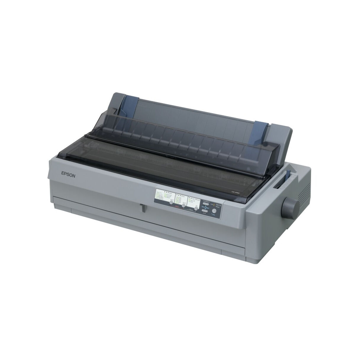 Una impresora de matriz de puntos Epson gris con la cubierta abierta, sobre fondo blanco.
