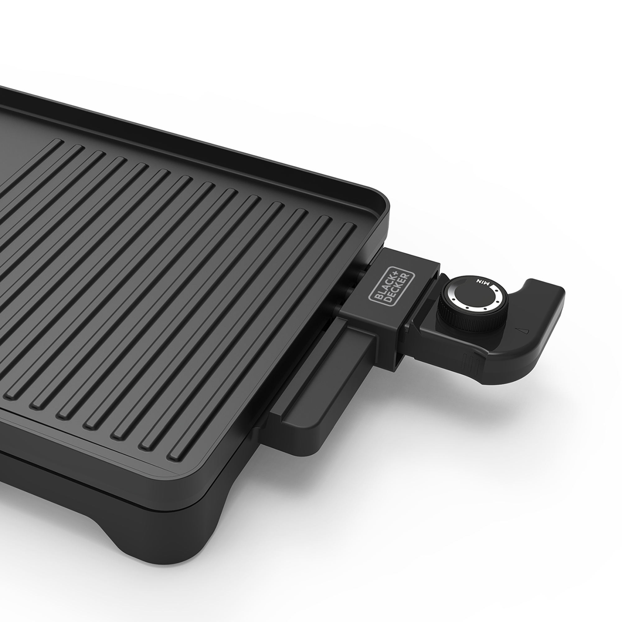 Czarny grill elektryczny z pokrętłem i czarnym uchwytem.