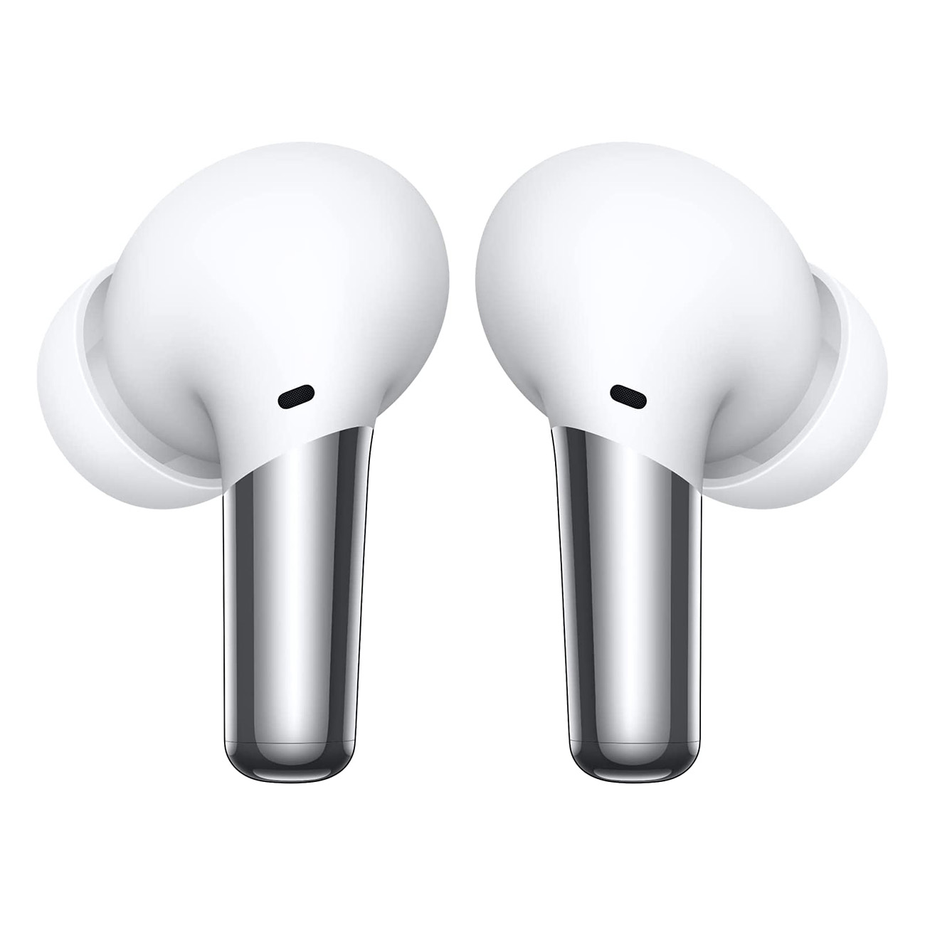 Auricolari bianchi con steli argentati, isolati su sfondo bianco. Due auricolari.
