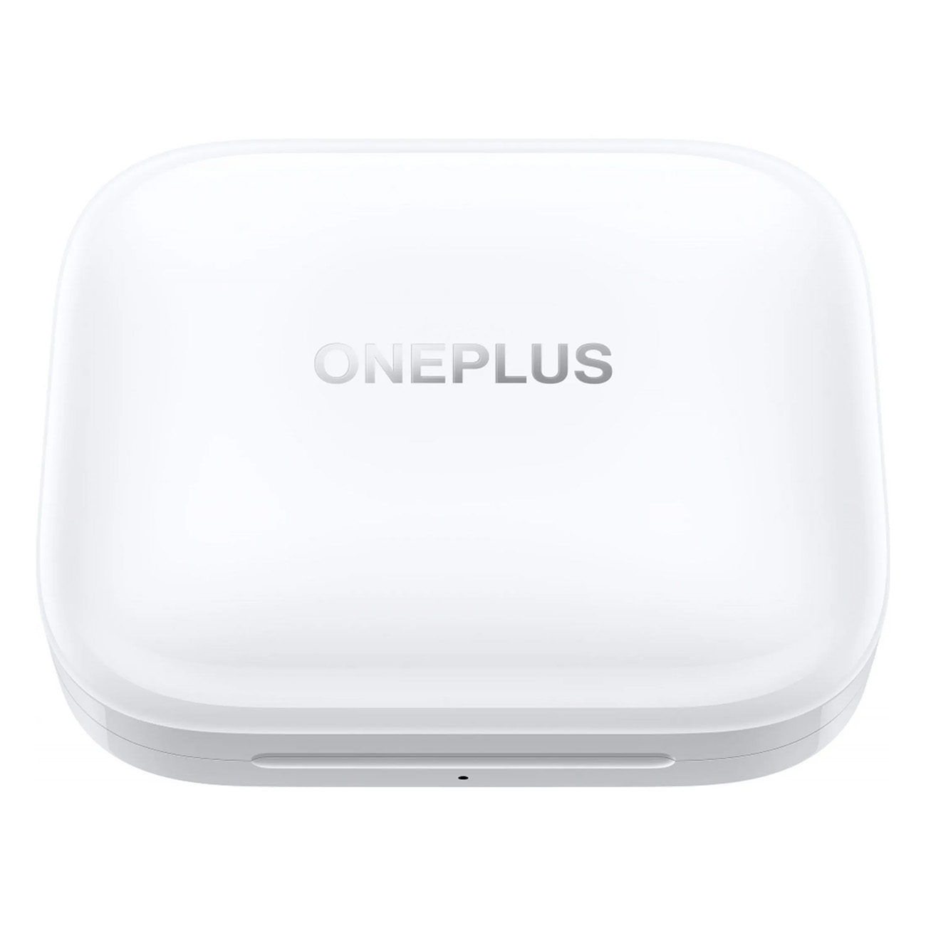 Custodia di ricarica bianca per auricolari OnePlus, chiusa, con il logo OnePlus in alto.