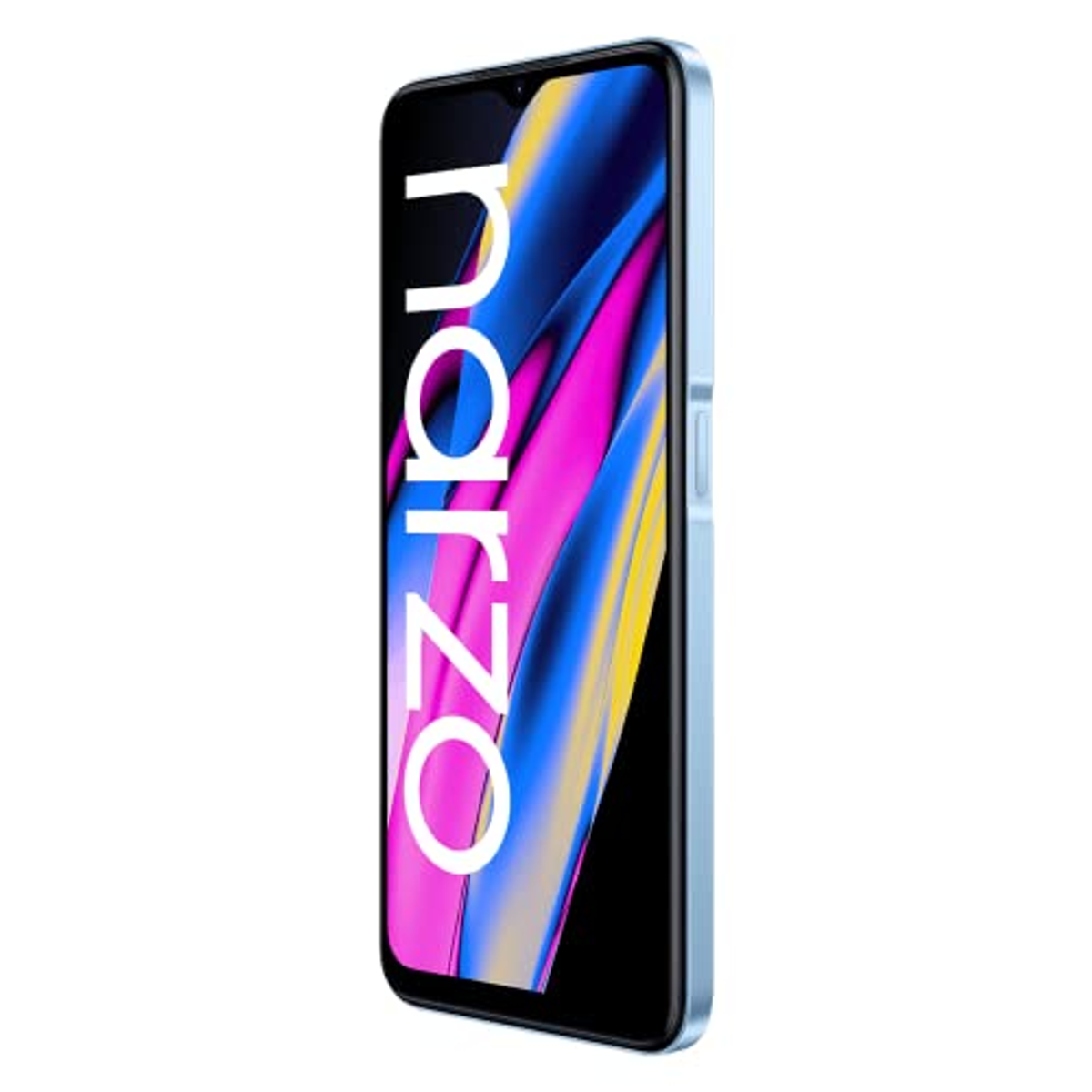 Uno smartphone Narzo blu con schermo colorato che mostra il nome del marchio.
