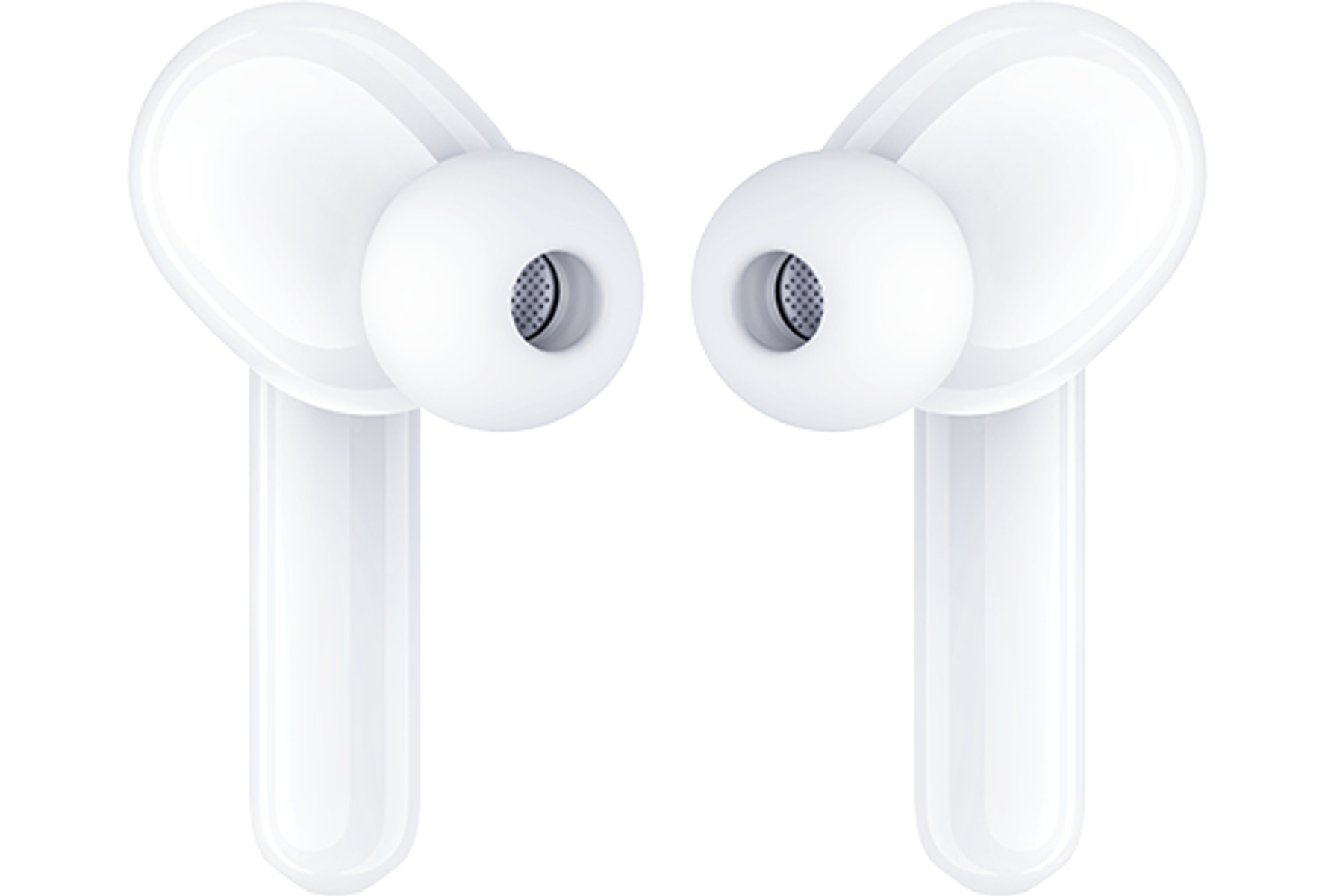 Dwa białe bezprzewodowe słuchawki. Zwrócone do siebie.