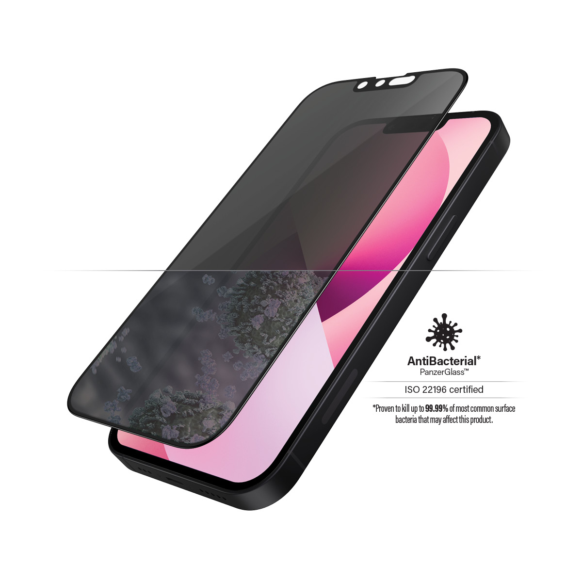 Telefono con protezione schermo sopra. Cornice nera e schermo rosa.