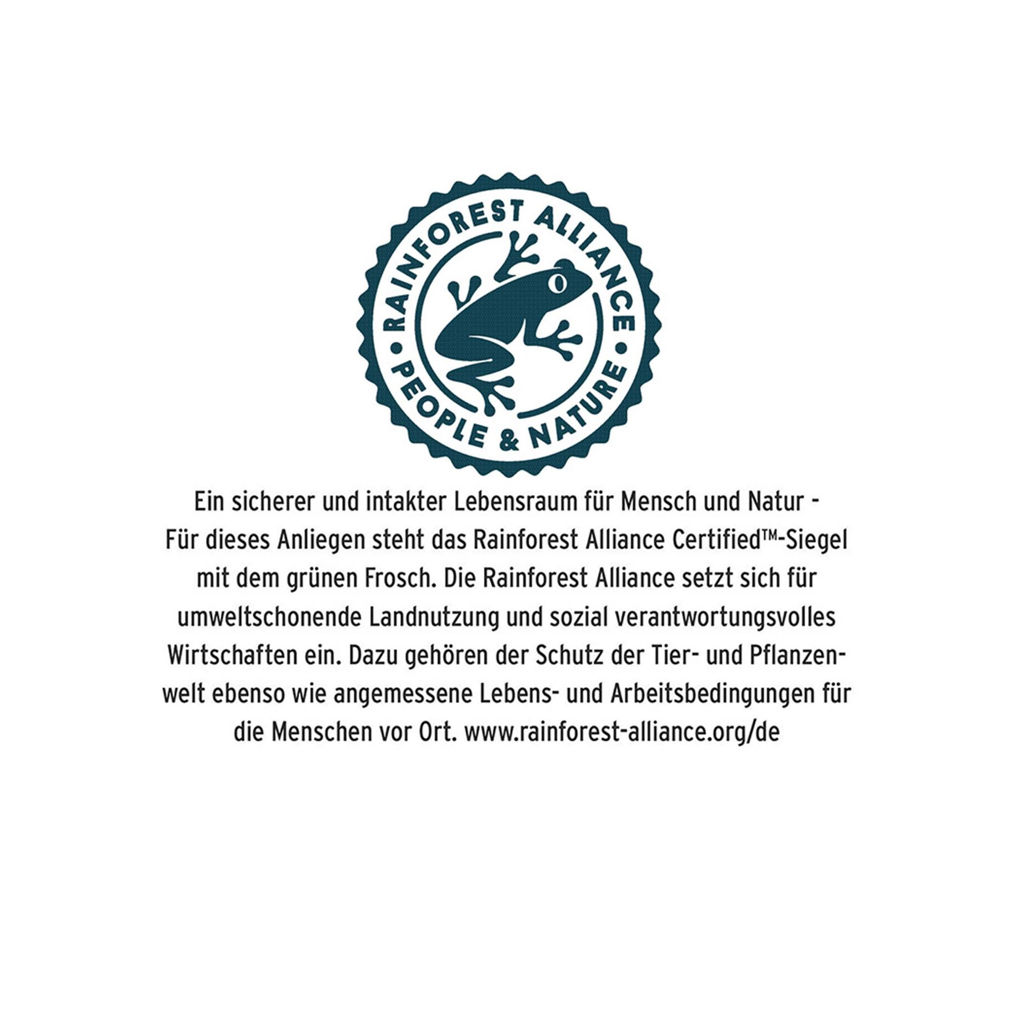 Rainforest Alliance Certified Siegel mit Frosch und Text.