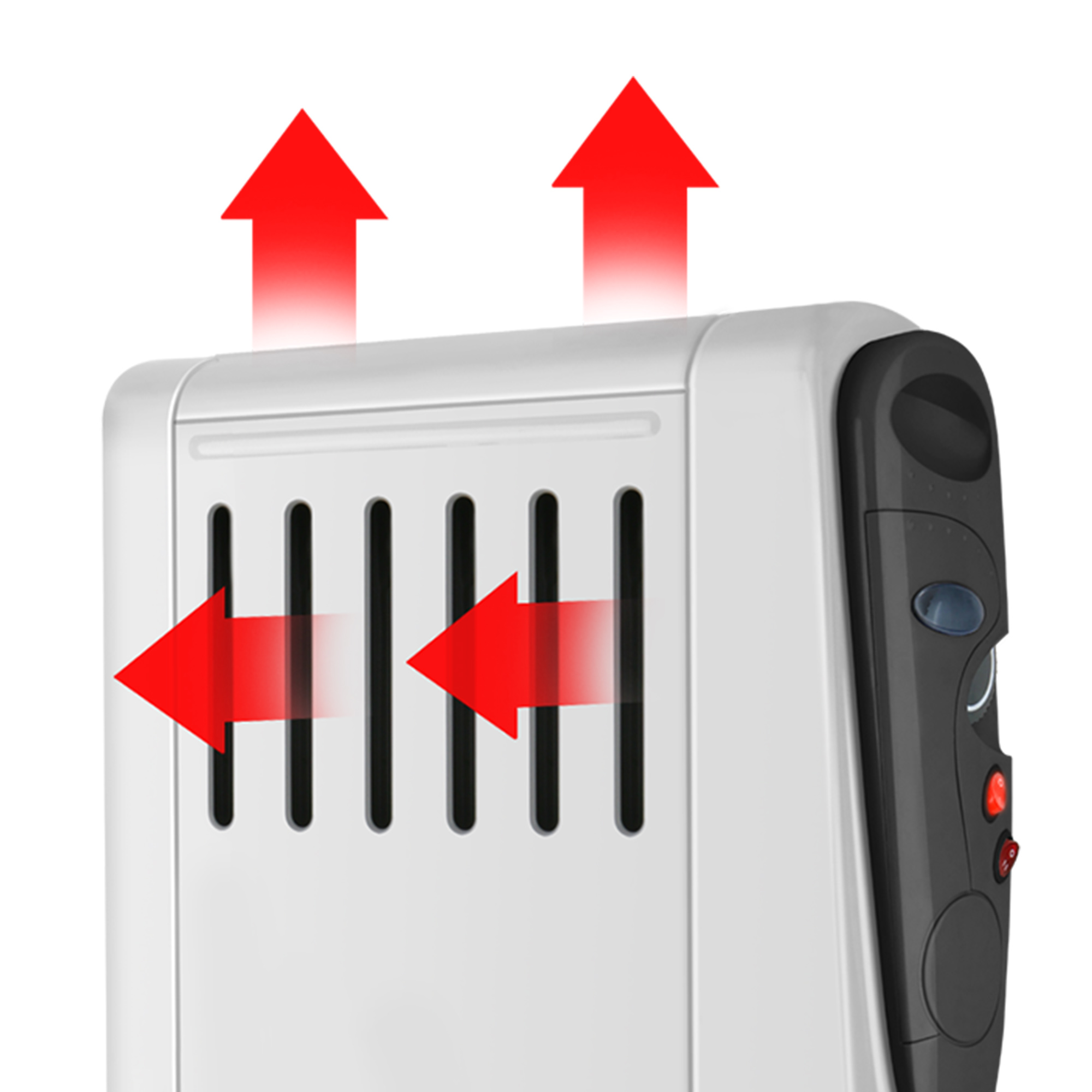 Weiß-schwarze Heizung mit roten Pfeilen, die den Luftstrom anzeigen. Der Hintergrund ist weiß.