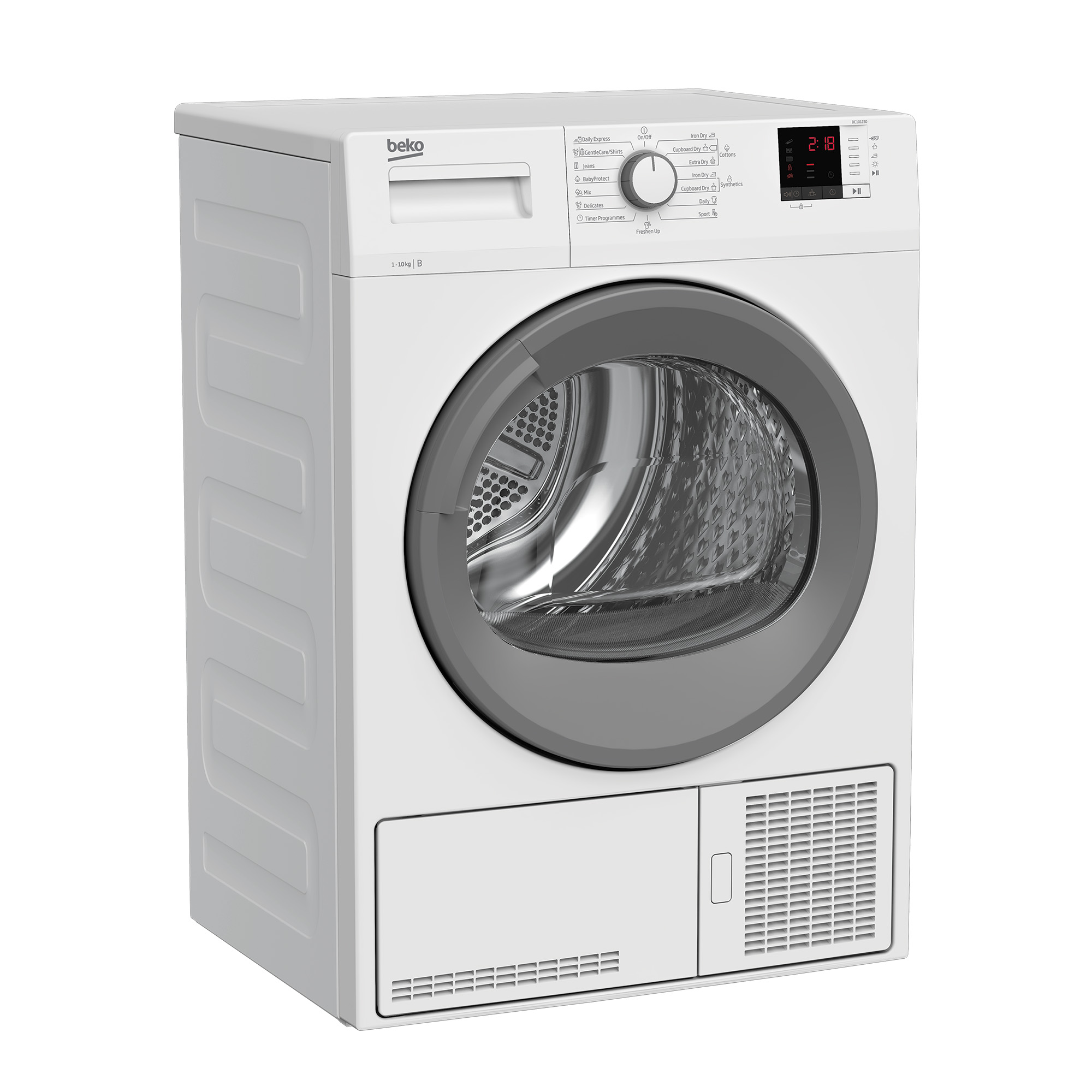 Ein weißer Wäschetrockner der Marke Beko mit einer grauen Tür und digitaler Anzeige, abgewinkelt auf einem weißen Hintergrund.