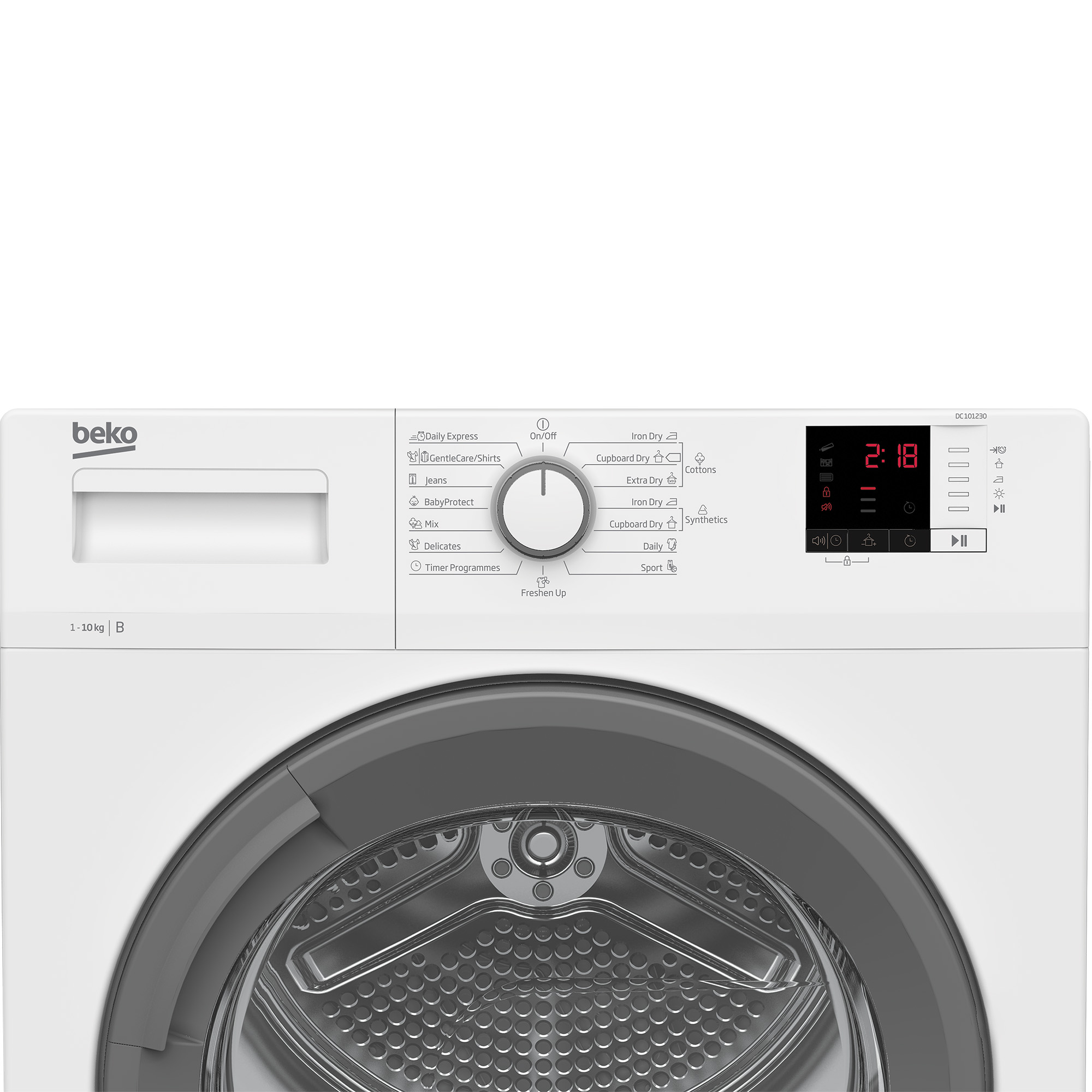 Weiße Waschmaschine mit Display und Bedienfeld. Beko-Logo oben links.