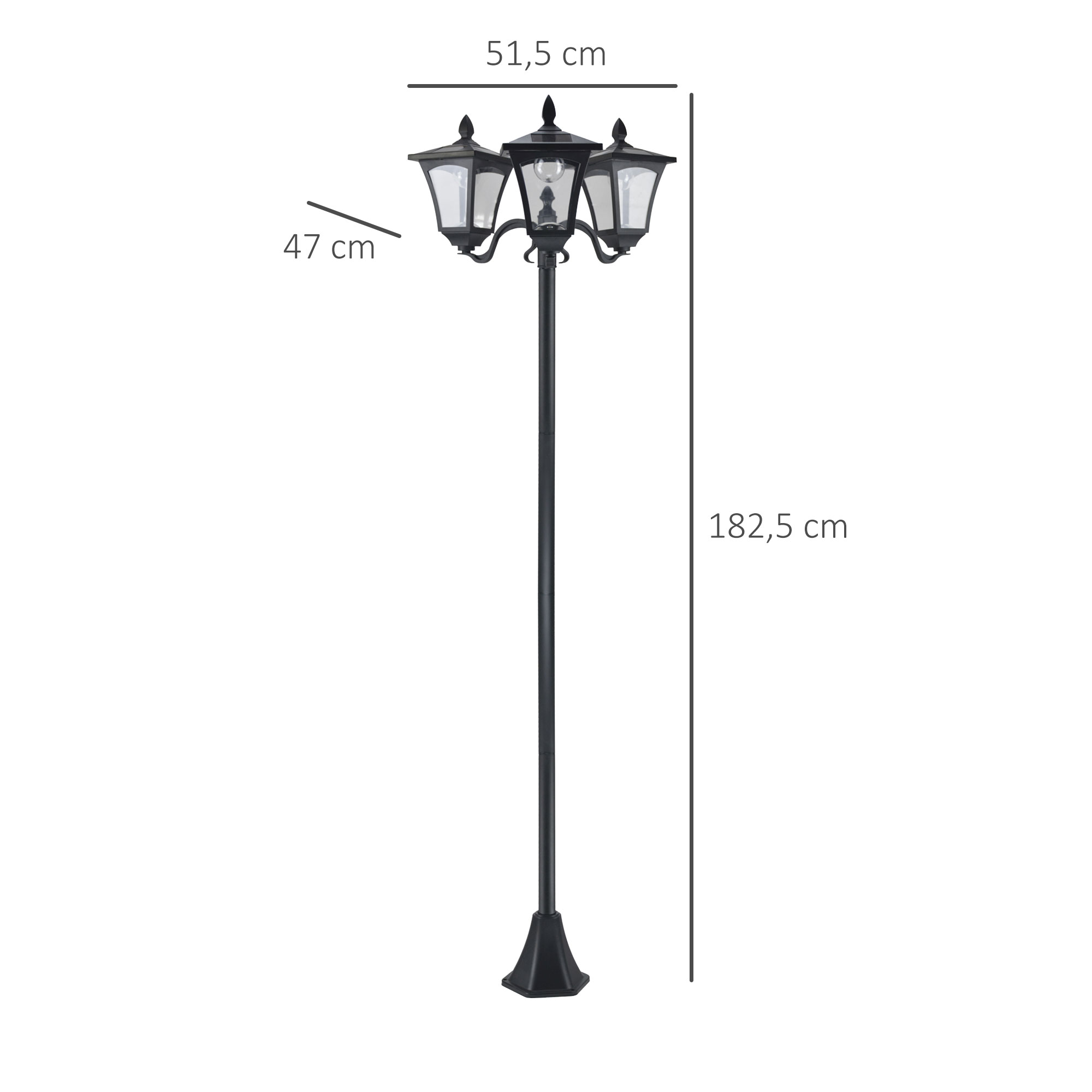 Farola negra con tres luces, con dimensiones anotadas. Poste de luz alto.