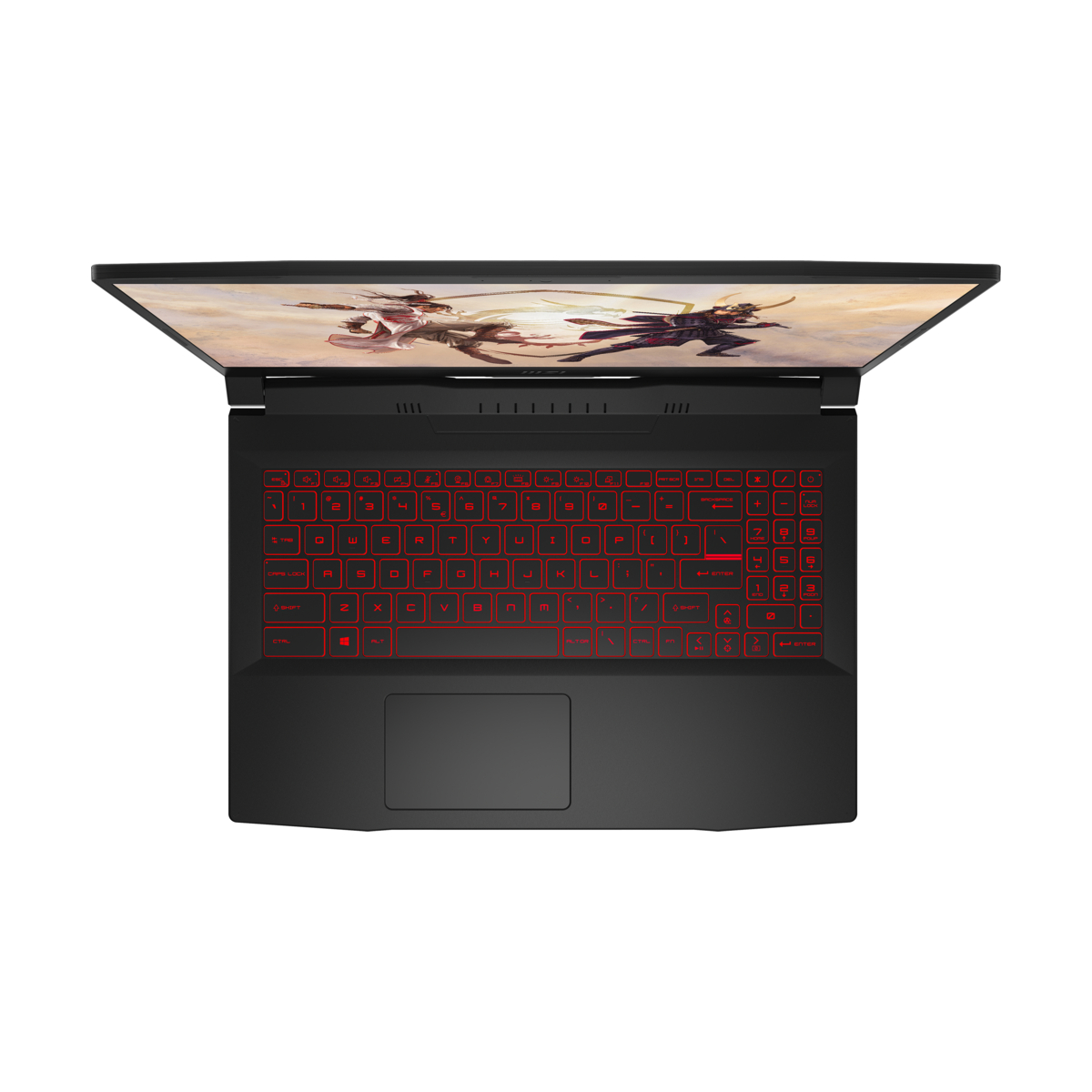Ein schwarzer Laptop mit roter Hintergrundbeleuchtung ist auf weißer Oberfläche geöffnet, zeigt buntes Bild.