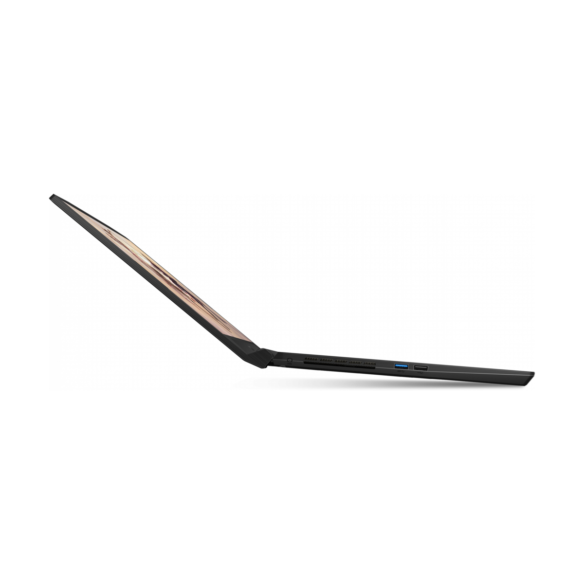 Seitenansicht eines schwarzen Laptops mit leicht geöffnetem Bildschirm, abgewinkelt auf weißem Hintergrund.
