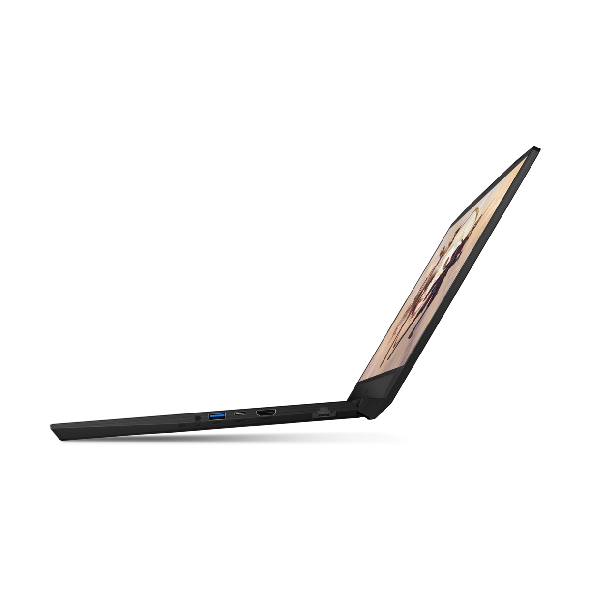 Schwarzer Laptop von der Seite gesehen, leicht angewinkelt, das Innere zeigend.