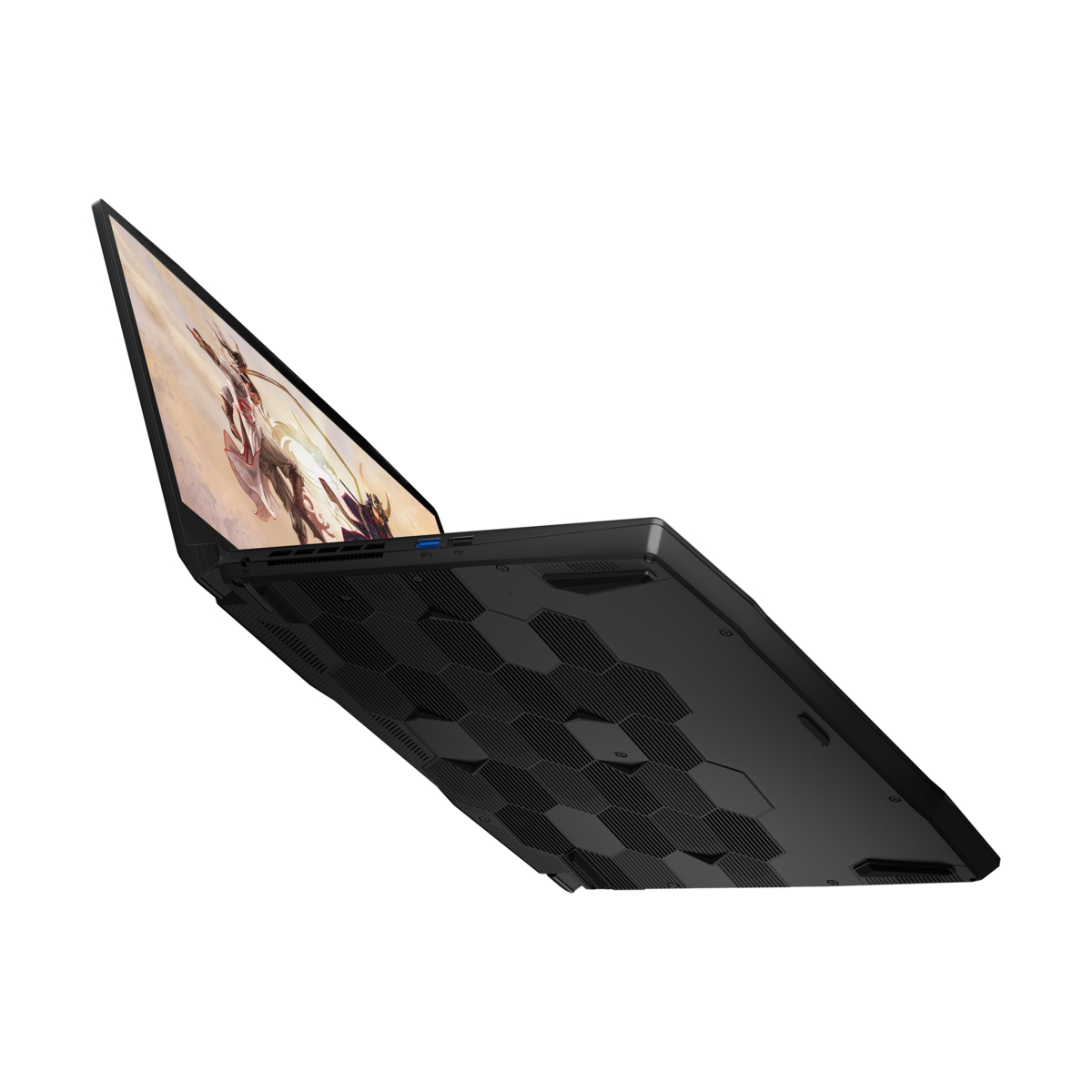 Schwarzer Laptop, hochgeklappt, zeigt Bildschirm mit farbenfrohem Bild.