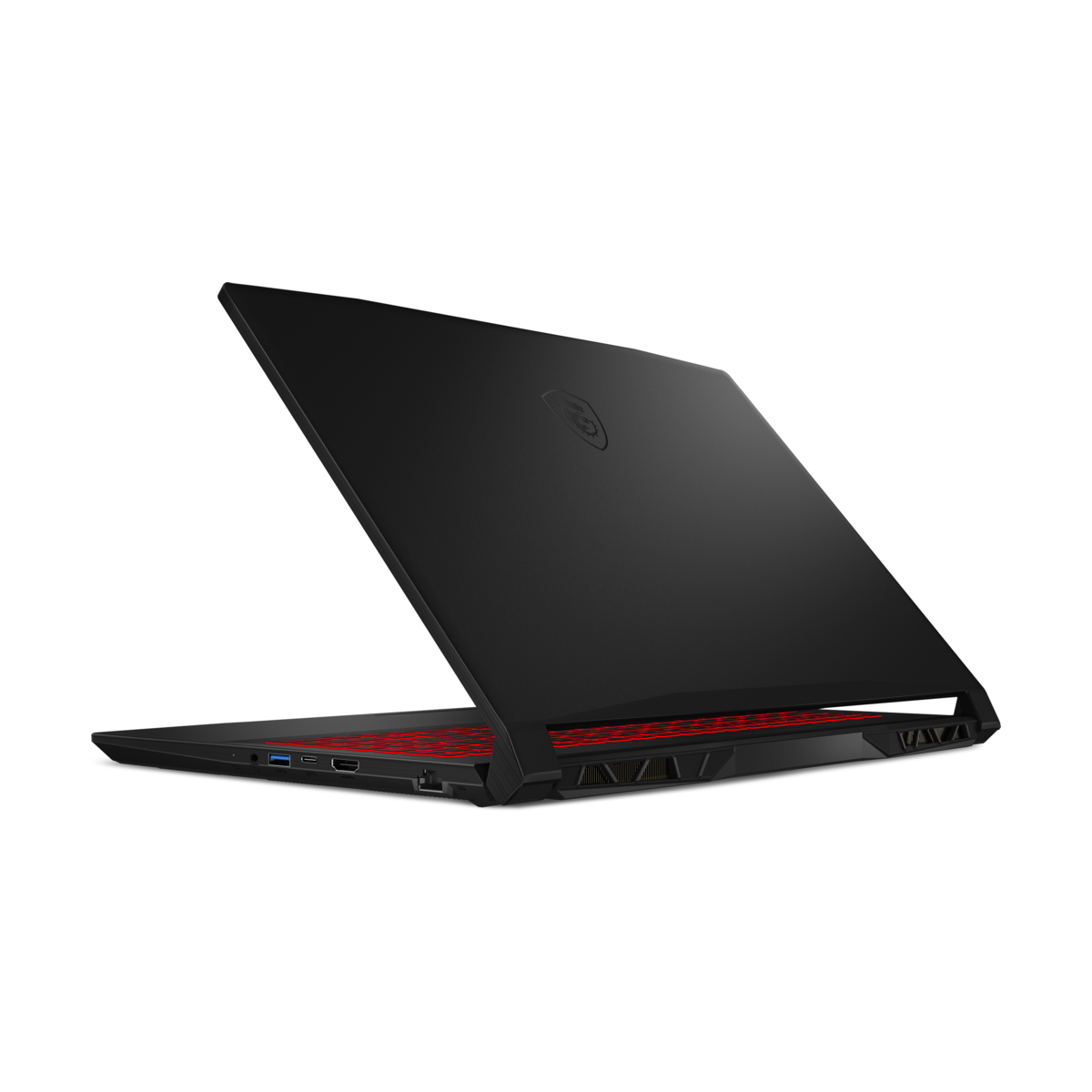 Schwarzer Laptop mit roter Tastatur und Trackpad. Der Deckel ist geschlossen. Weißer Hintergrund.