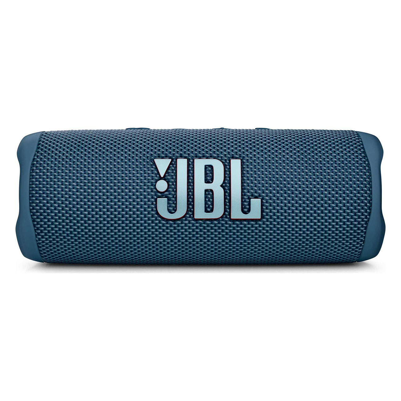 Niebieski głośnik przenośny JBL, prostokątny kształt, widoczne logo JBL, białe tło.