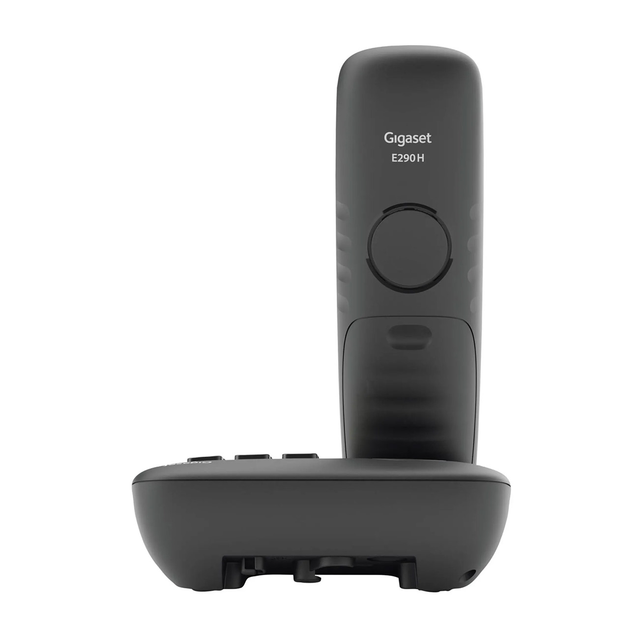 Un teléfono inalámbrico Gigaset negro con una base y un receptor, sobre un fondo blanco.
