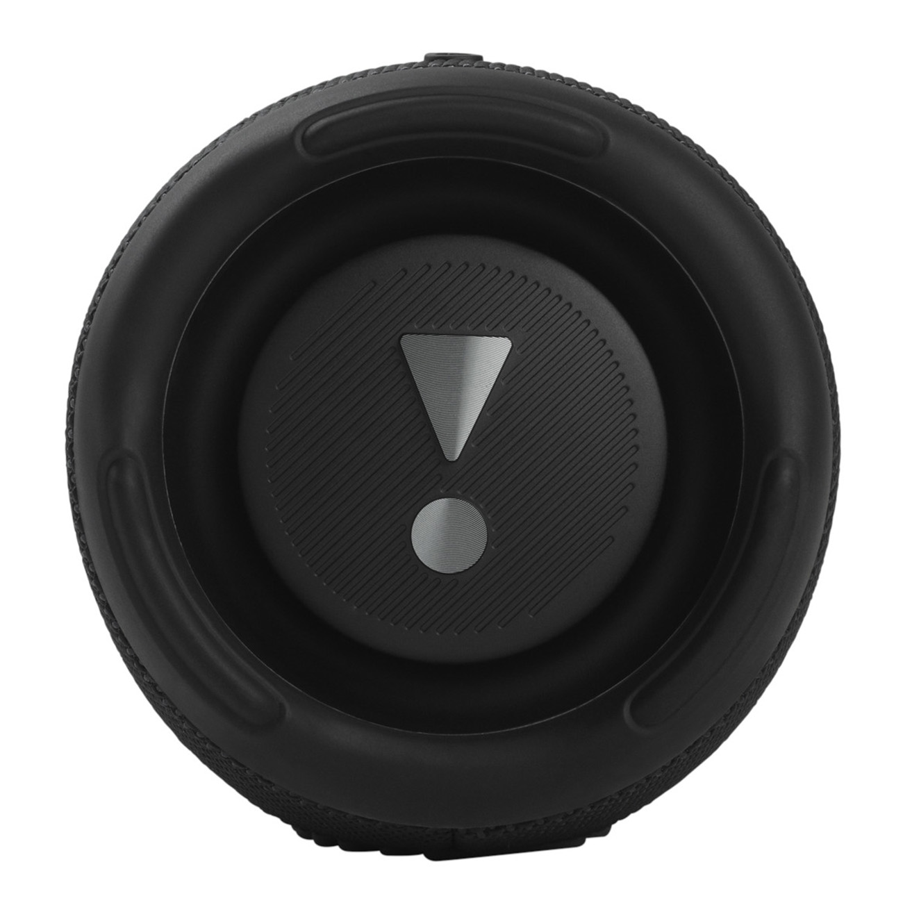 Czarny głośnik kołowy, widok z przodu, z dużym znakiem wykrzyknika pośrodku.